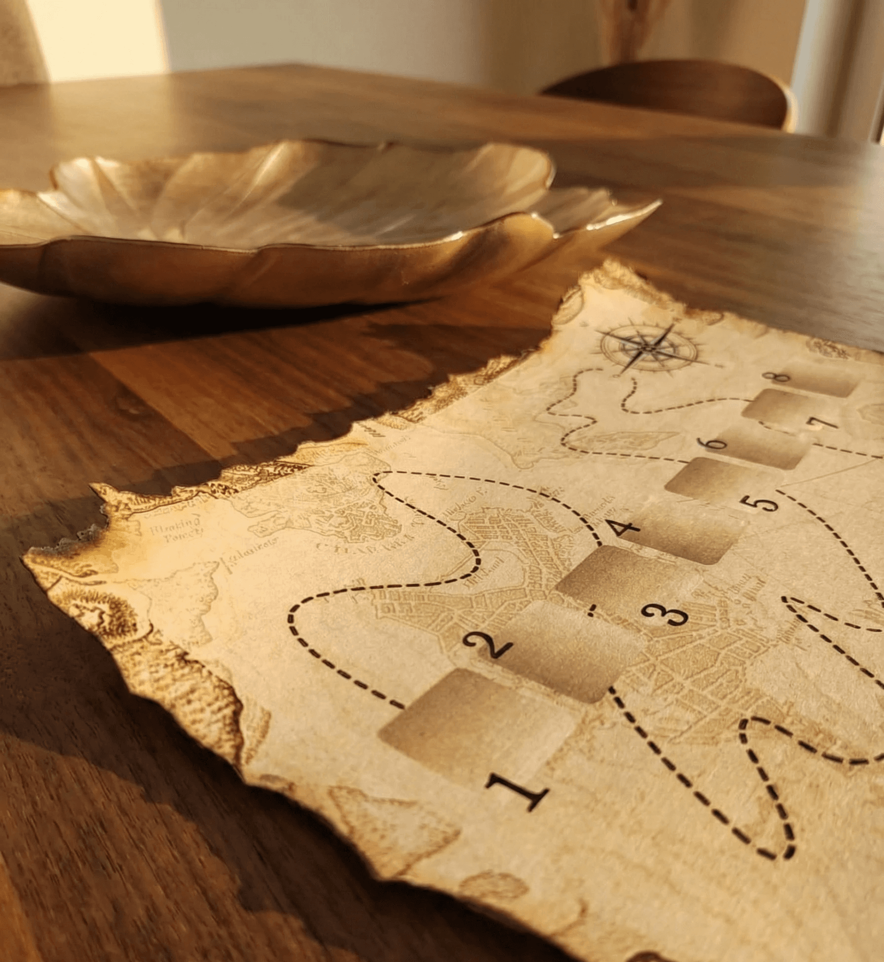 A woman with a white headband relaxing, her face illuminated by warm sunlight filtering through blinds, casting striped shadows. She has a serene and peaceful expression.