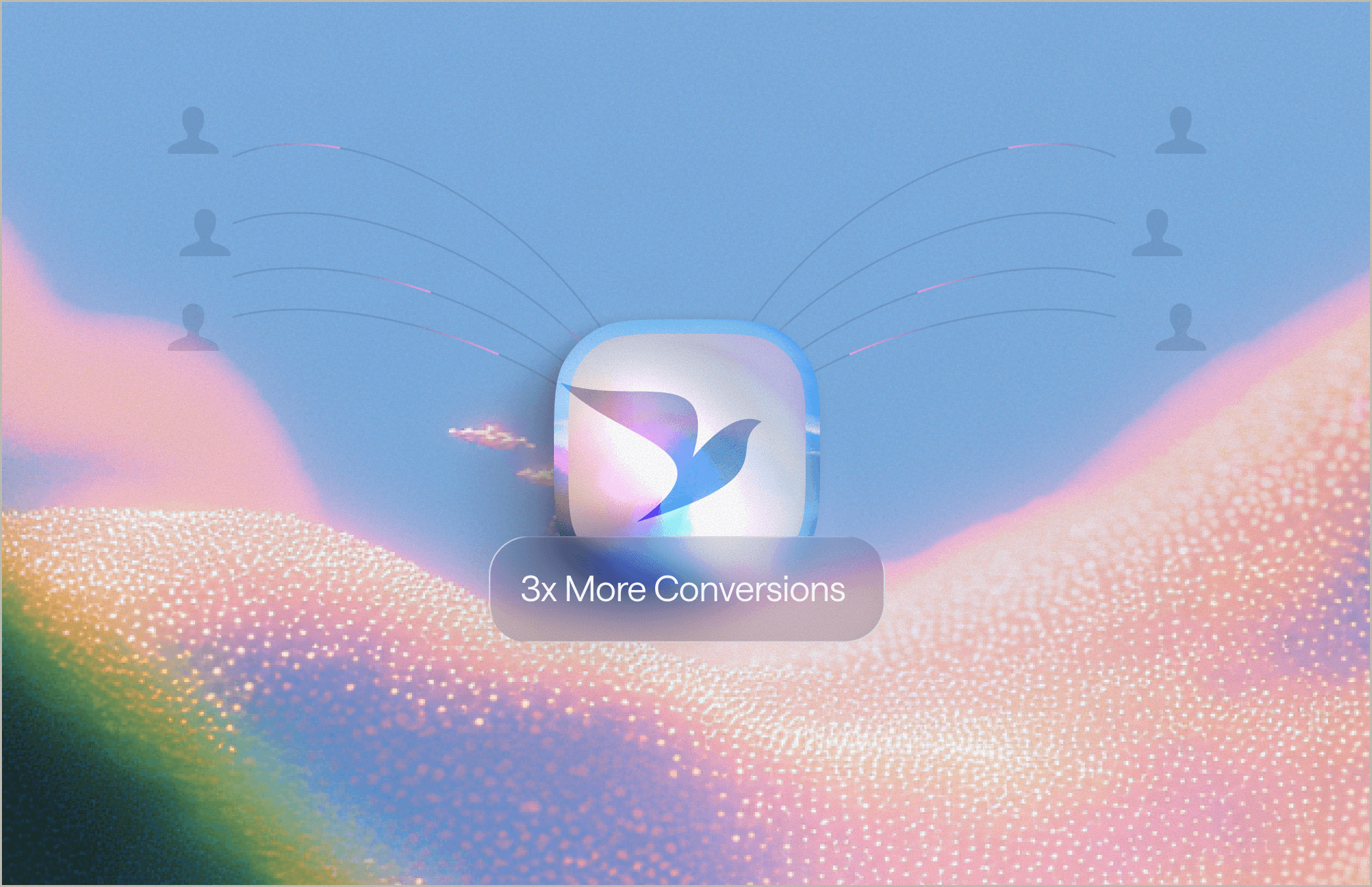 Abstract hero image featuring colorful, undulating waves of small, shimmering particles against a soft blue background.