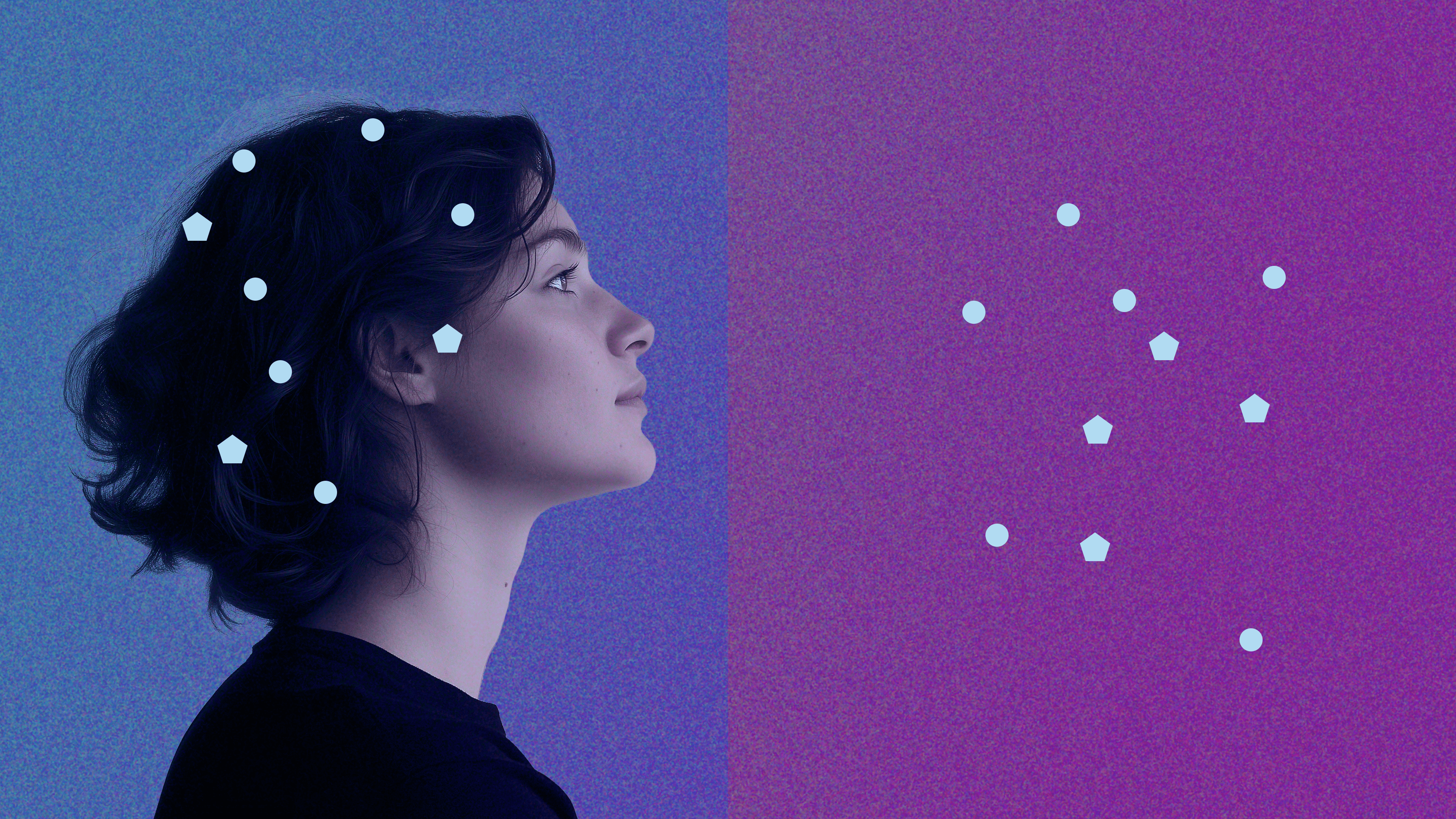 Profile view of a person against a blue-to-purple background, with abstract dots and shapes suggesting data-driven cognition and insight.
