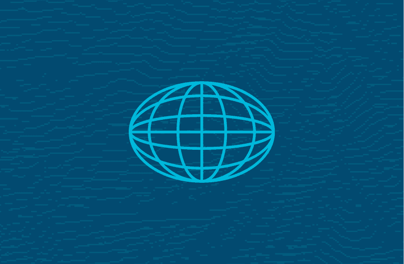 Outlined globe symbol representing global connectivity, centered on a teal textured background.