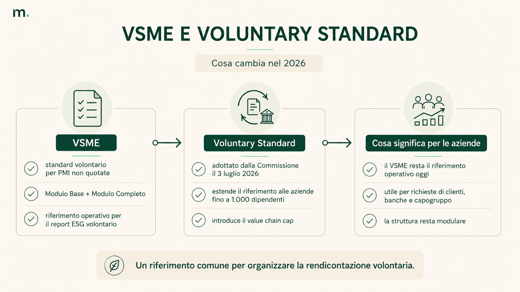 Infografica sul passaggio dal VSME al Voluntary Standard e sugli effetti per le aziende nel 2026.