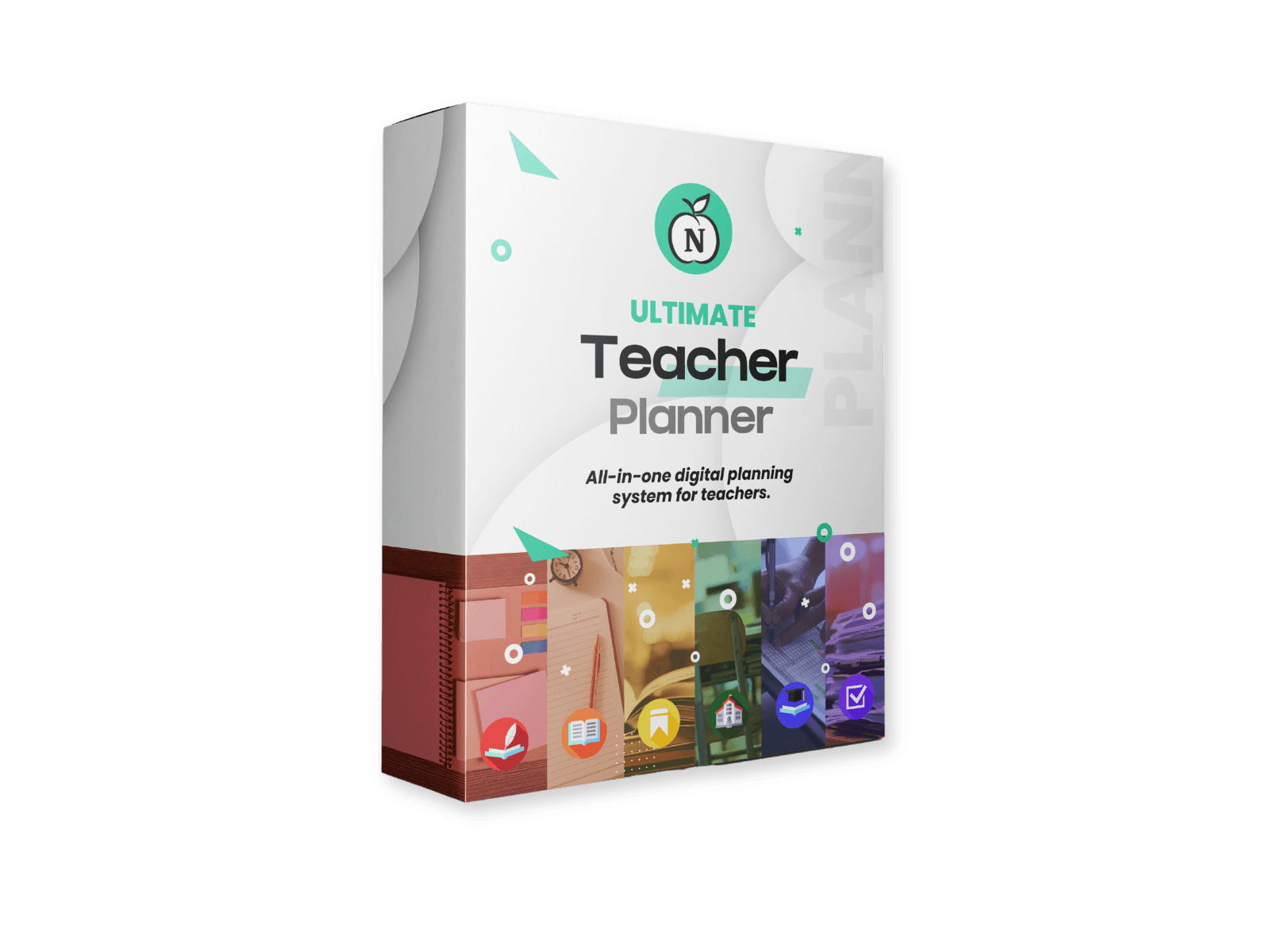 mockup displaying the interface of the Ultimate Digital Teacher Planner Notion Template, alongside a software box mockup featuring the Notion4Teachers logo, representing a comprehensive solution for organizing teaching resources, plans, and schedules.