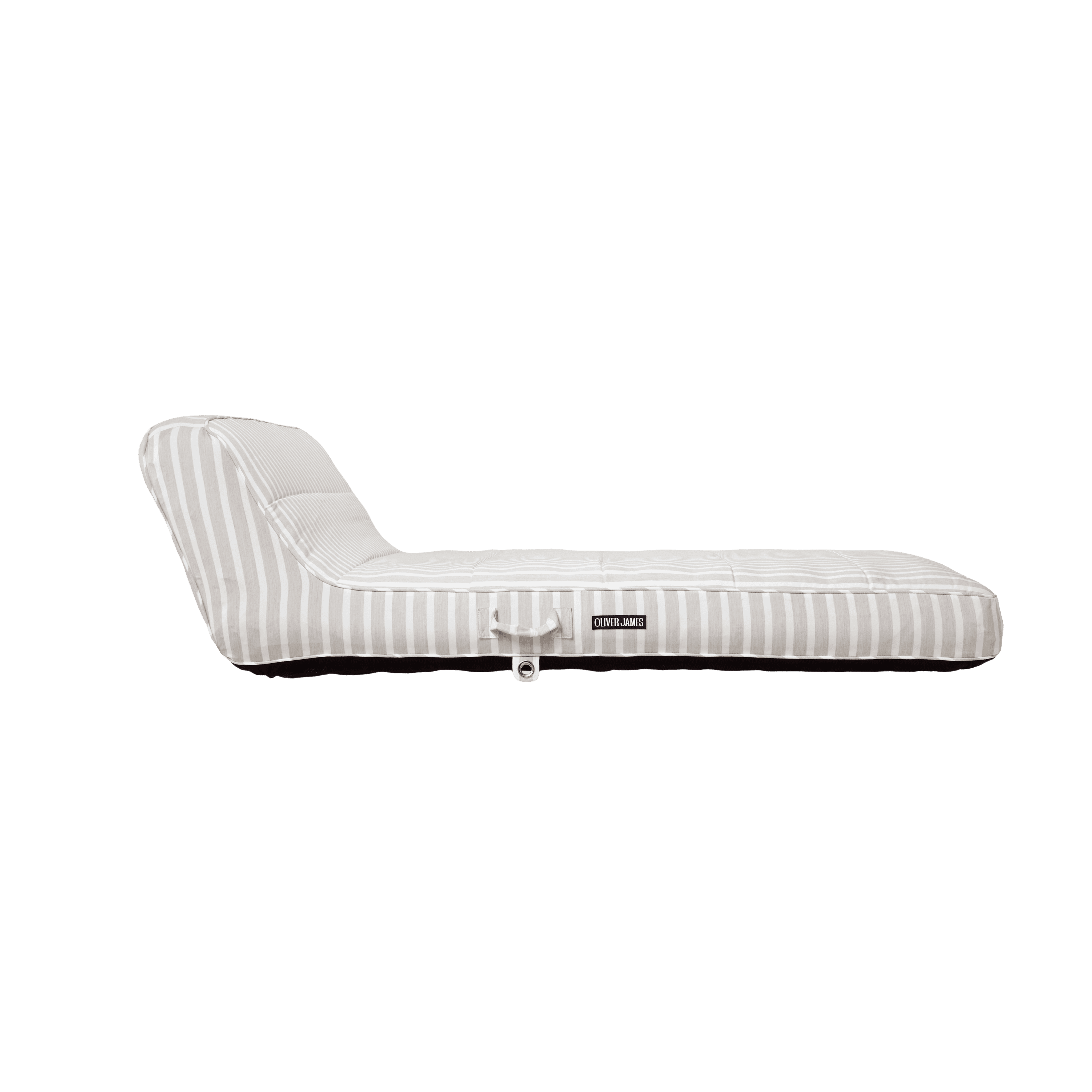 Double pool float showing beige-and-white striped canvas panels and jet-black base