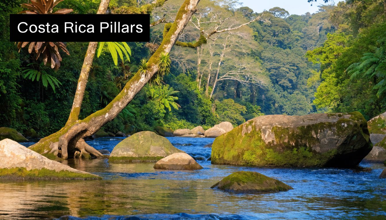A serene Costa Rica river flowing past mossy boulders under a lush tropical rainforest canopy.