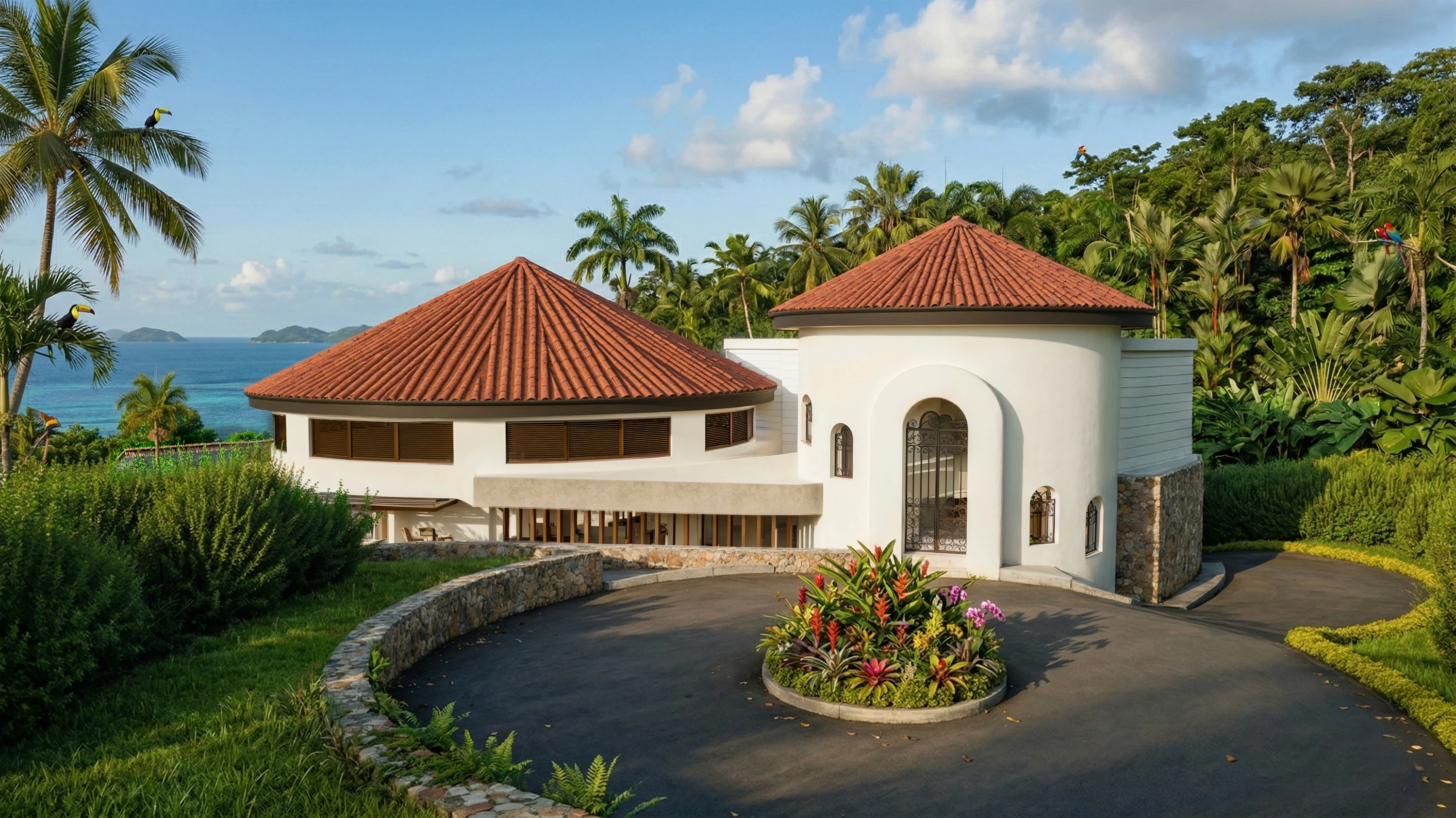 Hillside dining pavilions with conical clay-tile roofs at Papa Don's Restaurant, Saint Lucia, overlooking the Caribbean Sea