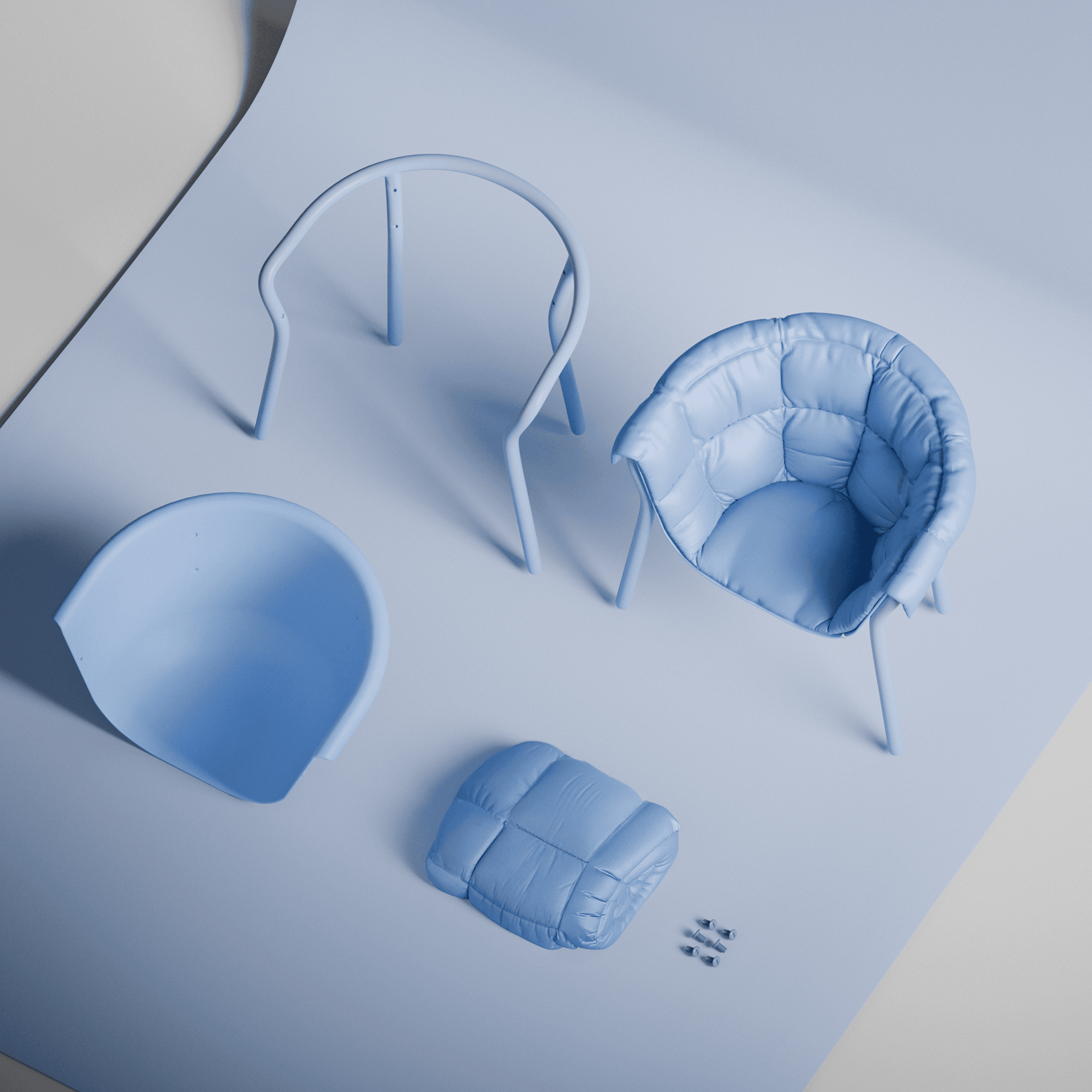 The components of the blue doudoune chair conept in a studio.
