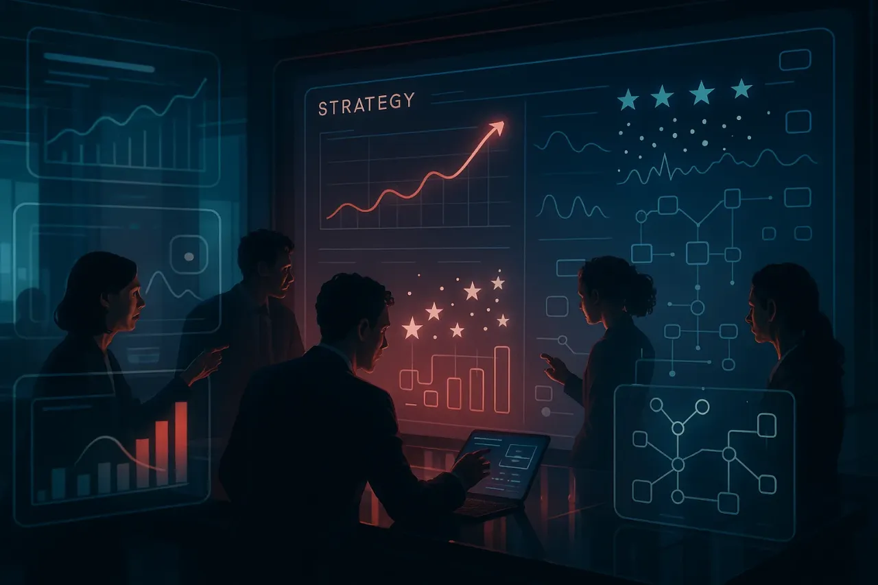RockN' Socials team strategizing in a high-tech digital marketing setting.