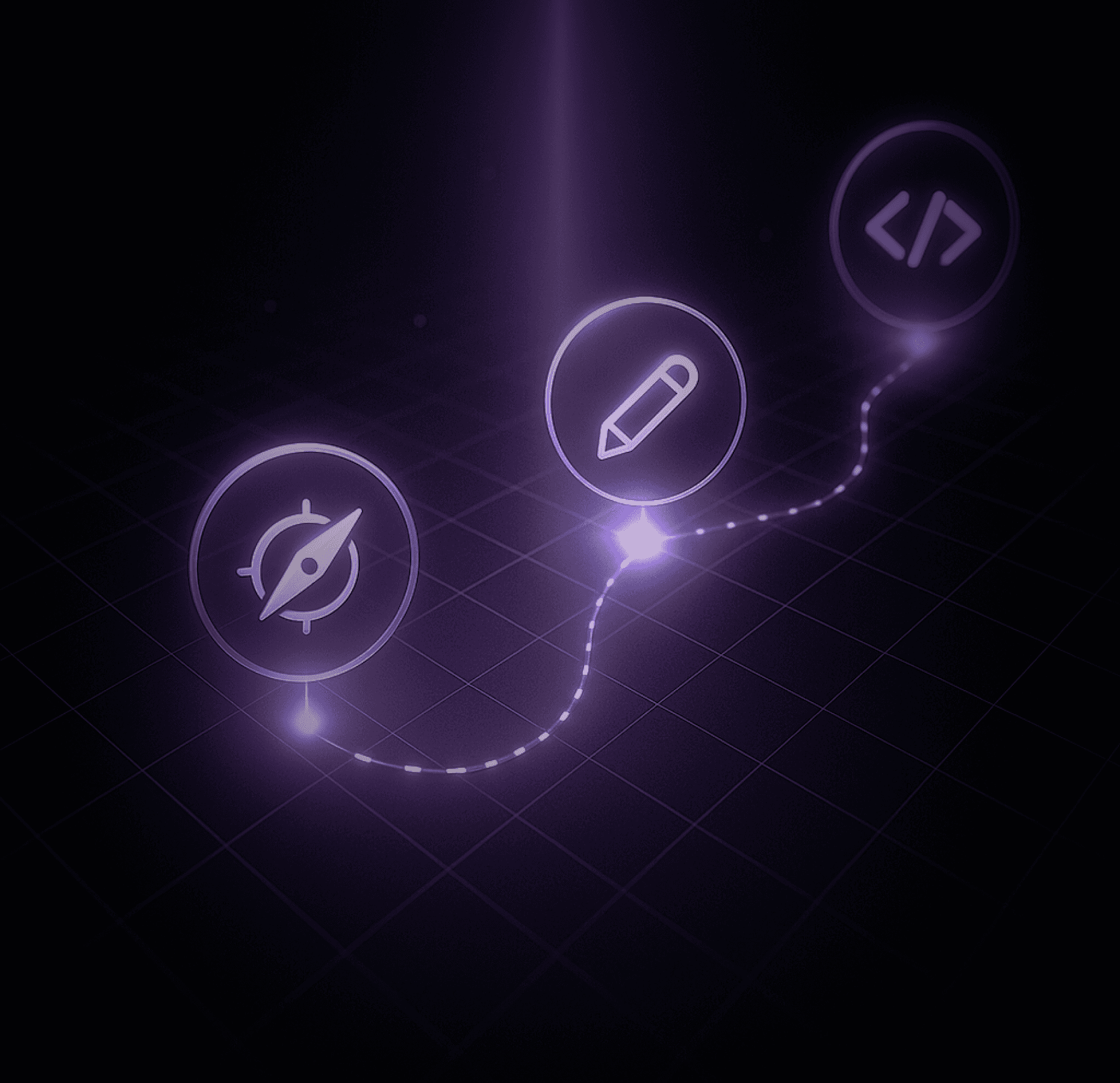 Animated graphic showing glowing purple orbs connected by a light trail, set against a dark background.