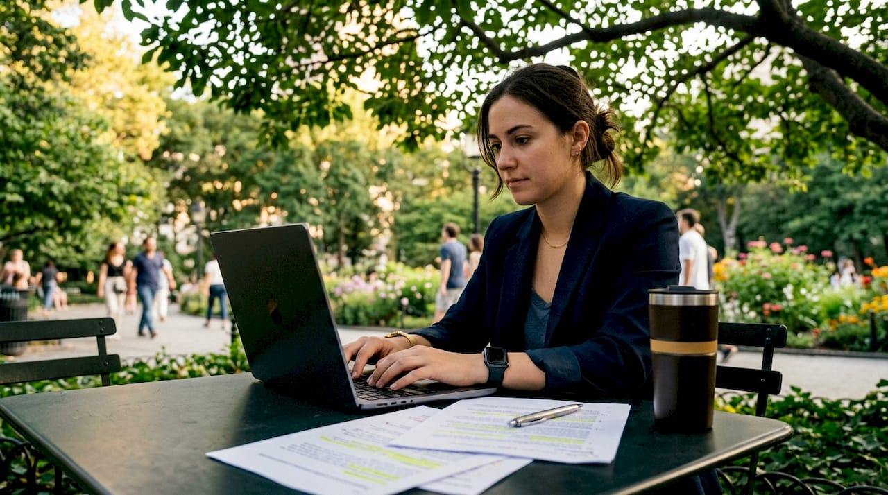 Marketer typing keyword research at café table