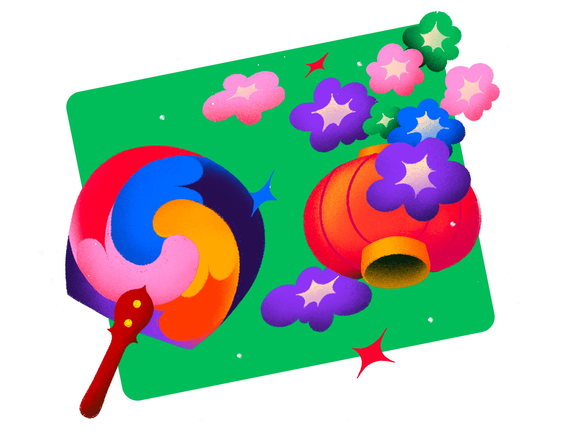 Editorial banner illustration featuring three character portraits surrounded by flowers, paper lanterns, and traditional fans, created for SPD's AAPI Heritage Month 2025