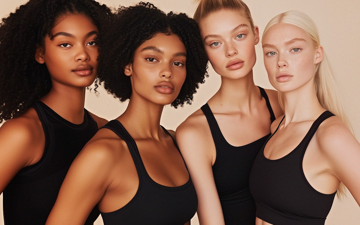 Four women in black tank tops stand closely together against a beige background, exuding confidence and diversity. Their expressions are calm and poised.