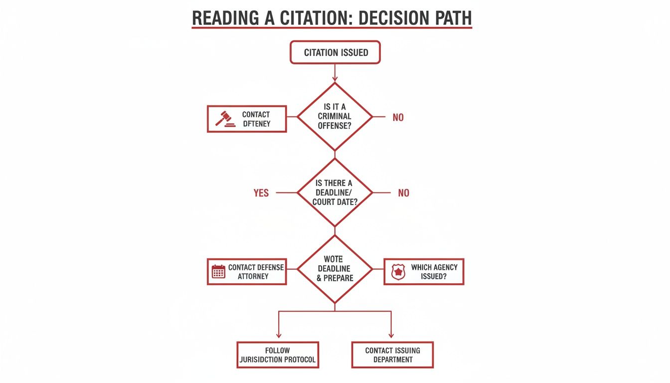 Flowchart for reading a citation, outlining steps for criminal offenses, deadlines, and agency contact.