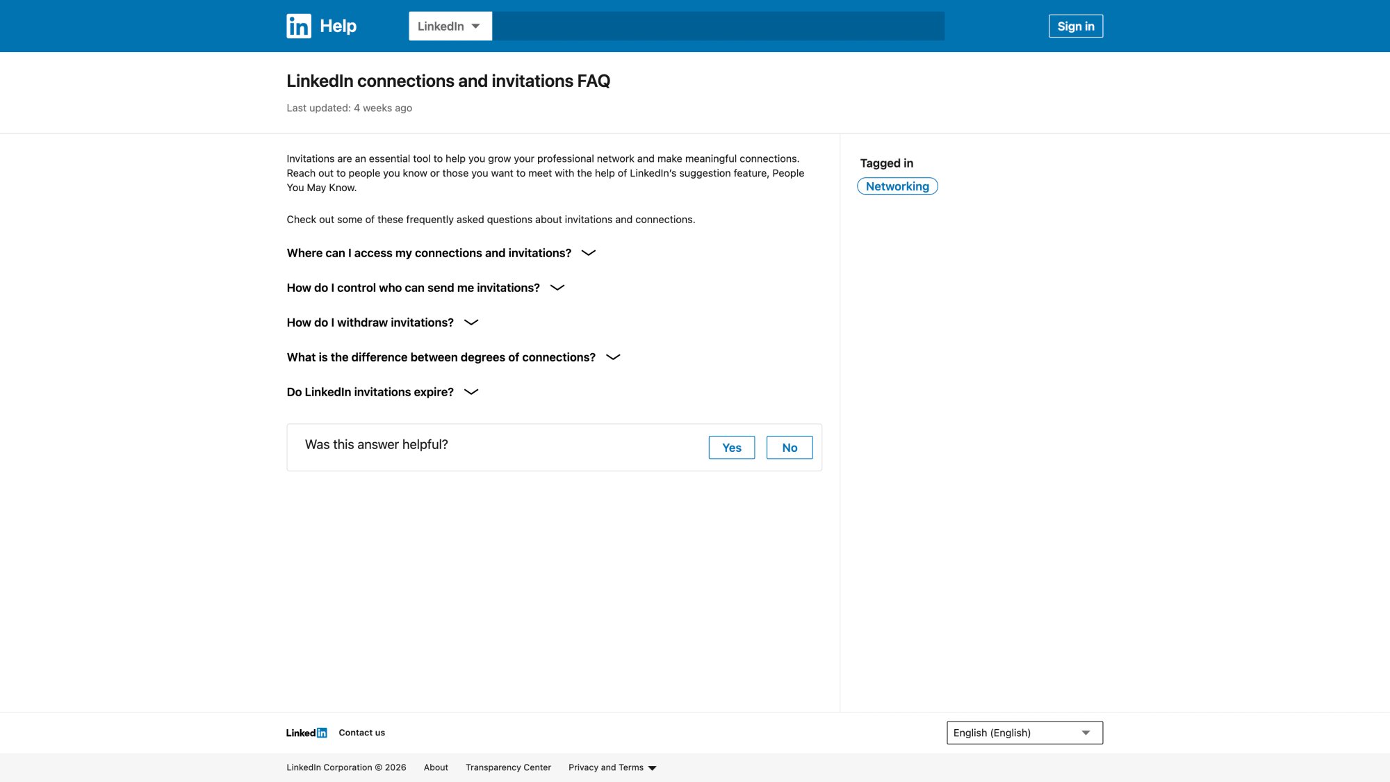 LinkedIn Help Center confirming connection requests expire after 6 months with up to two reminder notifications