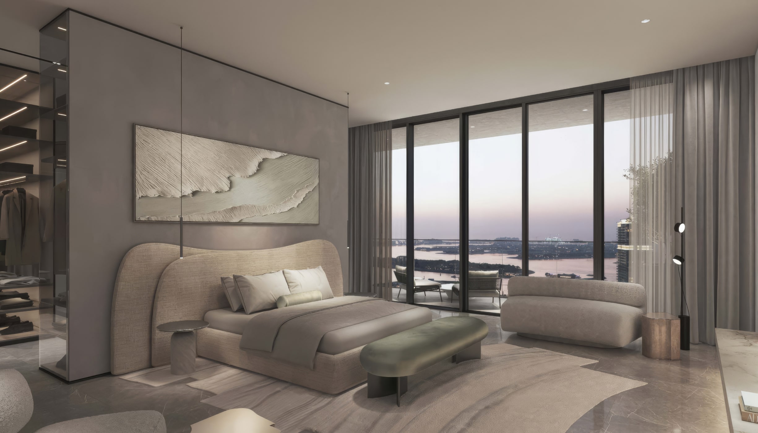 Luxurious bedroom in a W Residences apartment, with a stunning view of the city skyline.