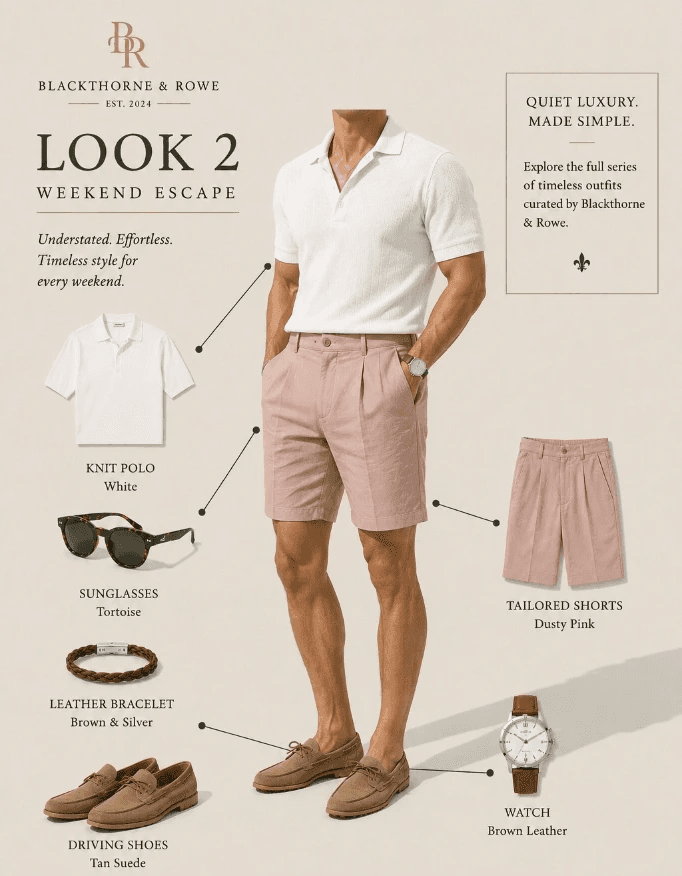 A menswear style guide infographic from Blackthorne & Rowe titled "LOOK 2: WEEKEND ESCAPE." The center features a man wearing a refined weekend look consisting of a white knit polo shirt and dusty pink tailored shorts, paired with tan suede driving shoes. Product callouts with thin black lines identify individual items: a knit polo in "White", tortoise-shell sunglasses, a braided leather bracelet in "Brown & Silver", tan suede driving shoes, tailored shorts in "Dusty Pink", and a classic silver watch with a brown leather strap. The top right corner displays a box reading "QUIET LUXURY. MADE SIMPLE."