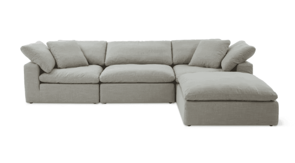 Sundays Movie Night Light gray 4-piece modular sectional sofa with soft cushions and an L-shaped design.