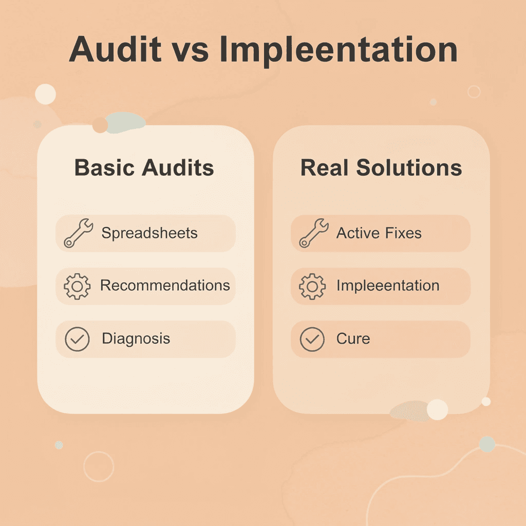 Comparison table showing differences between basic audits and real technical SEO solutions - Tech SEO Agency