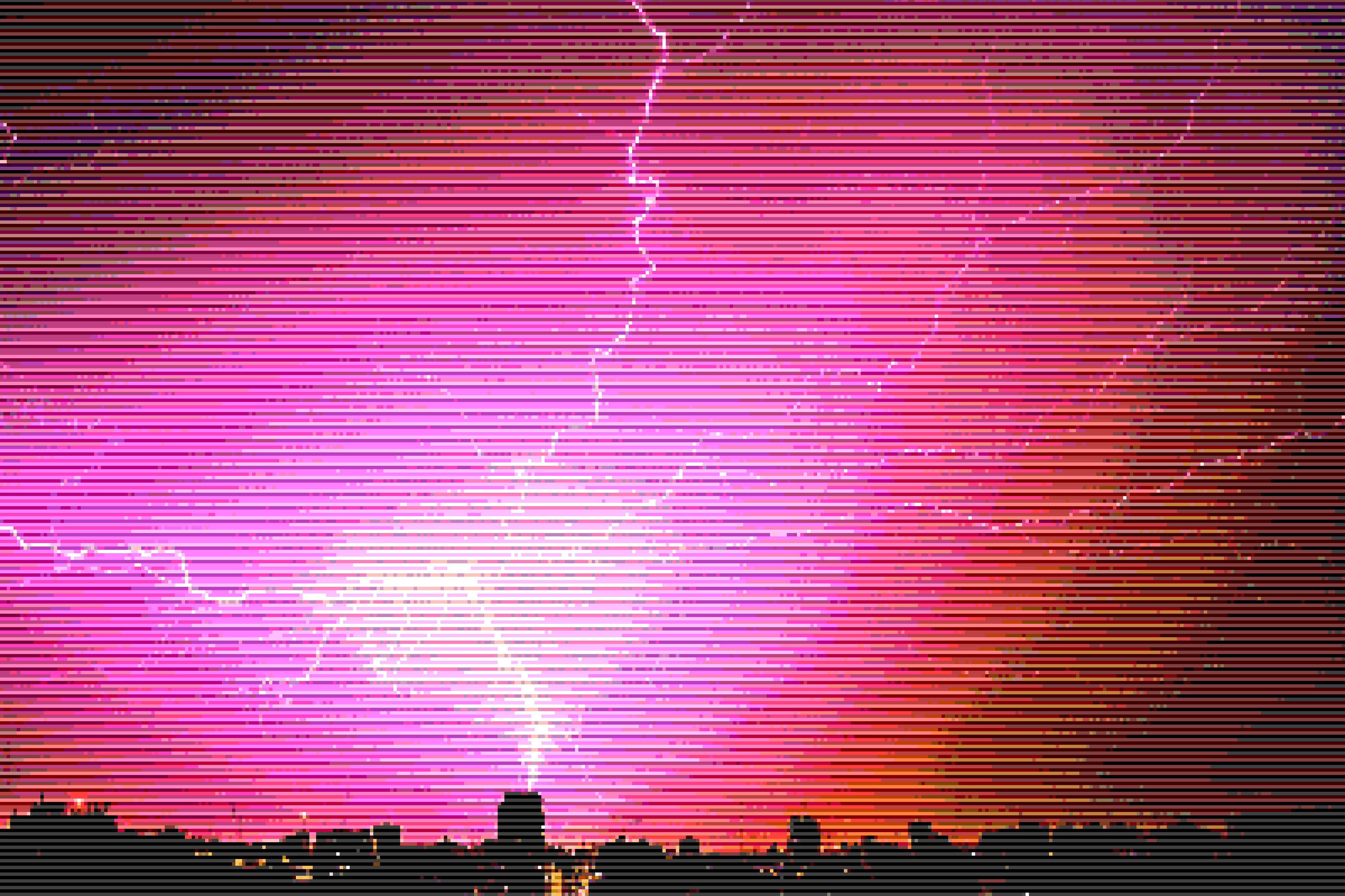 Pixelated image of lightning striking a city