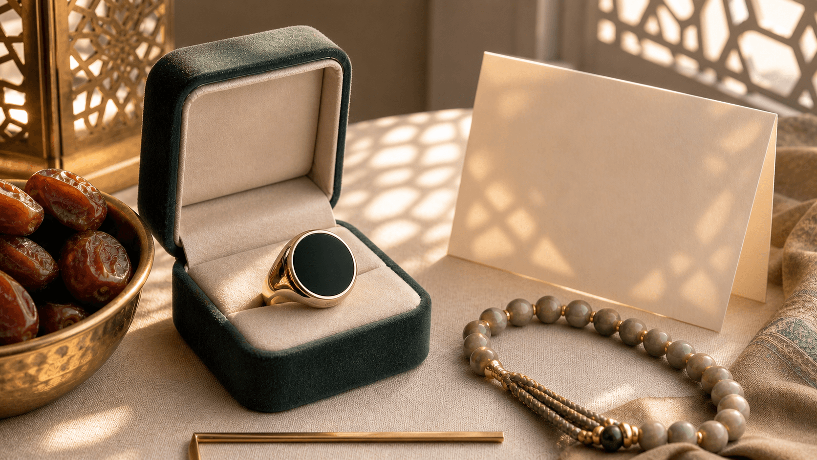 A Ramadan gift set centrepiece: a wearable Dhikr ring in a box with a blank card and prayer beads