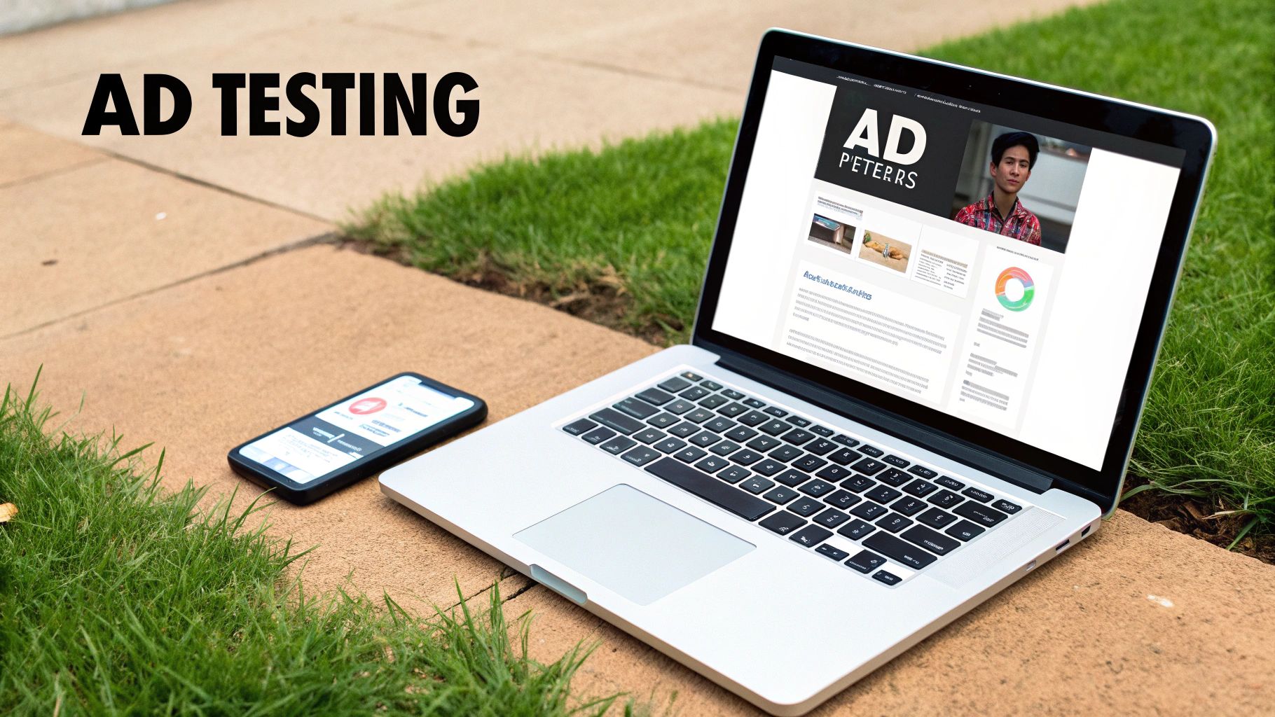 Laptop and smartphone displaying AD Peters portfolio website with ad testing analytics and graphics outdoors