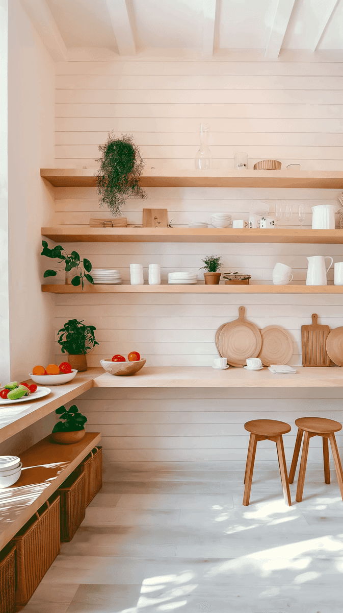 Warm Scandinavian kitchen with natural wood open shelving displaying white dishes and potted plants