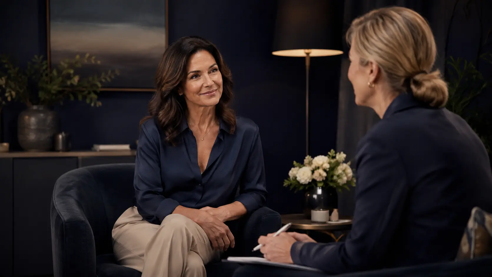 Two women in conversation seated in a lounge