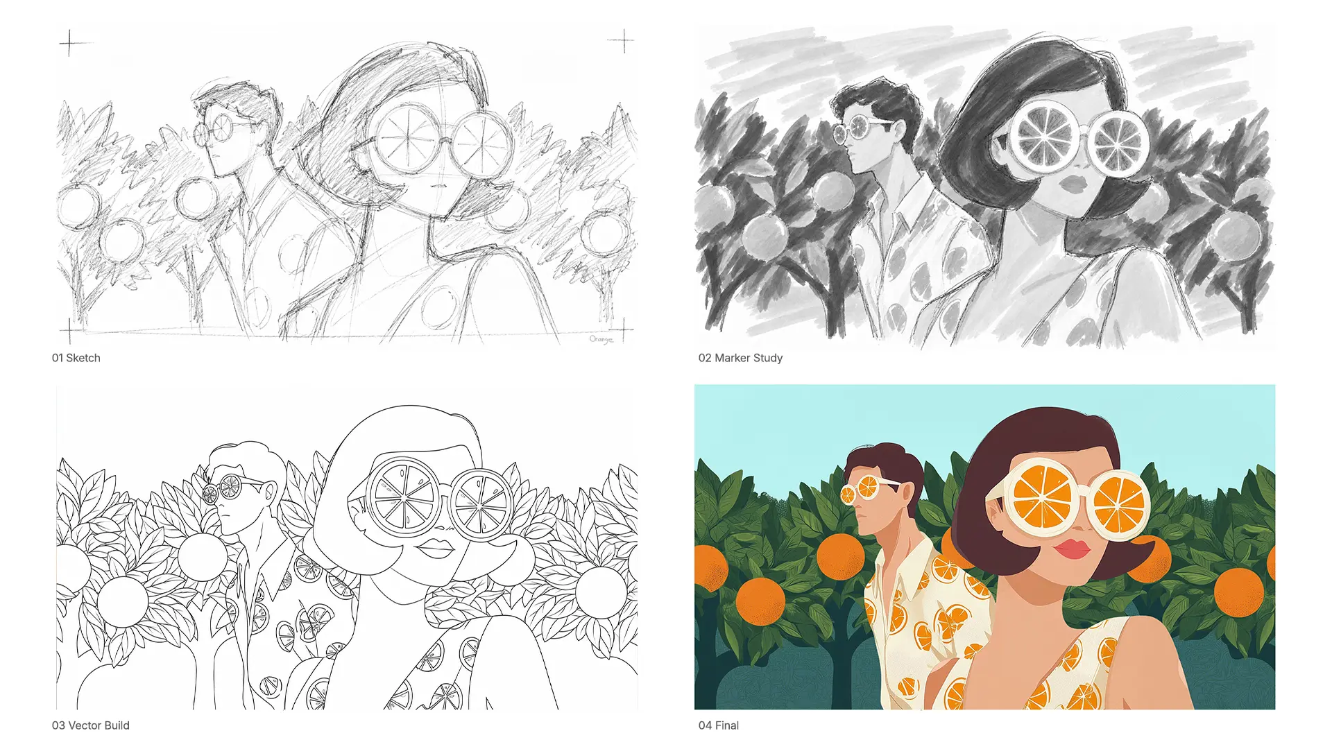 Fruit Forward Orange Glow illustration process showing the concept sketch, marker study, vector build, and final color artwork.
