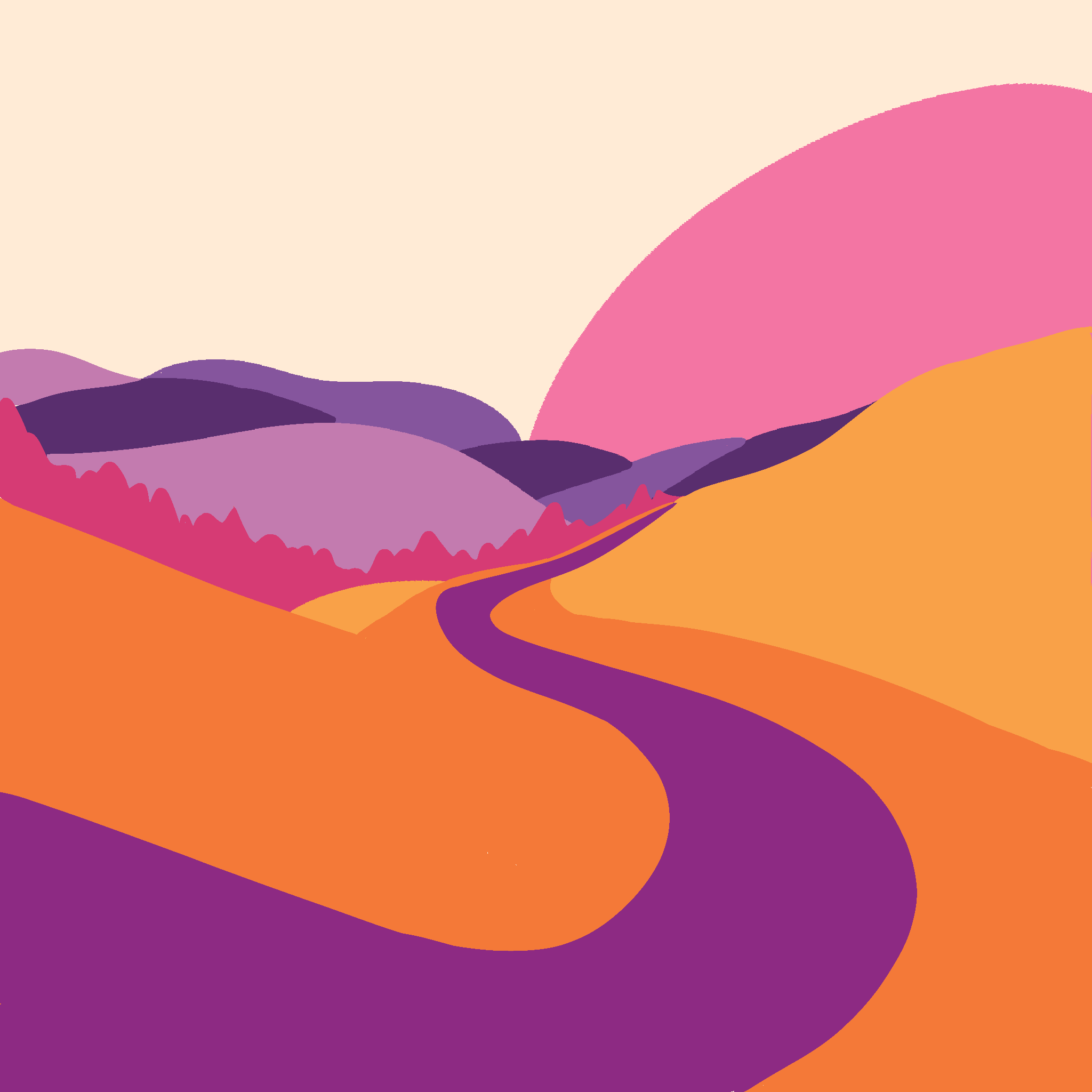 Illustration of a purple road between orange, purple, and pink mountains with a pink sun shining on the road.