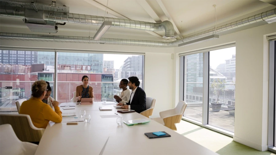 Group of professionals in a modern office meeting room having a discussion around a conference table, with large windows showing city buildings outside.