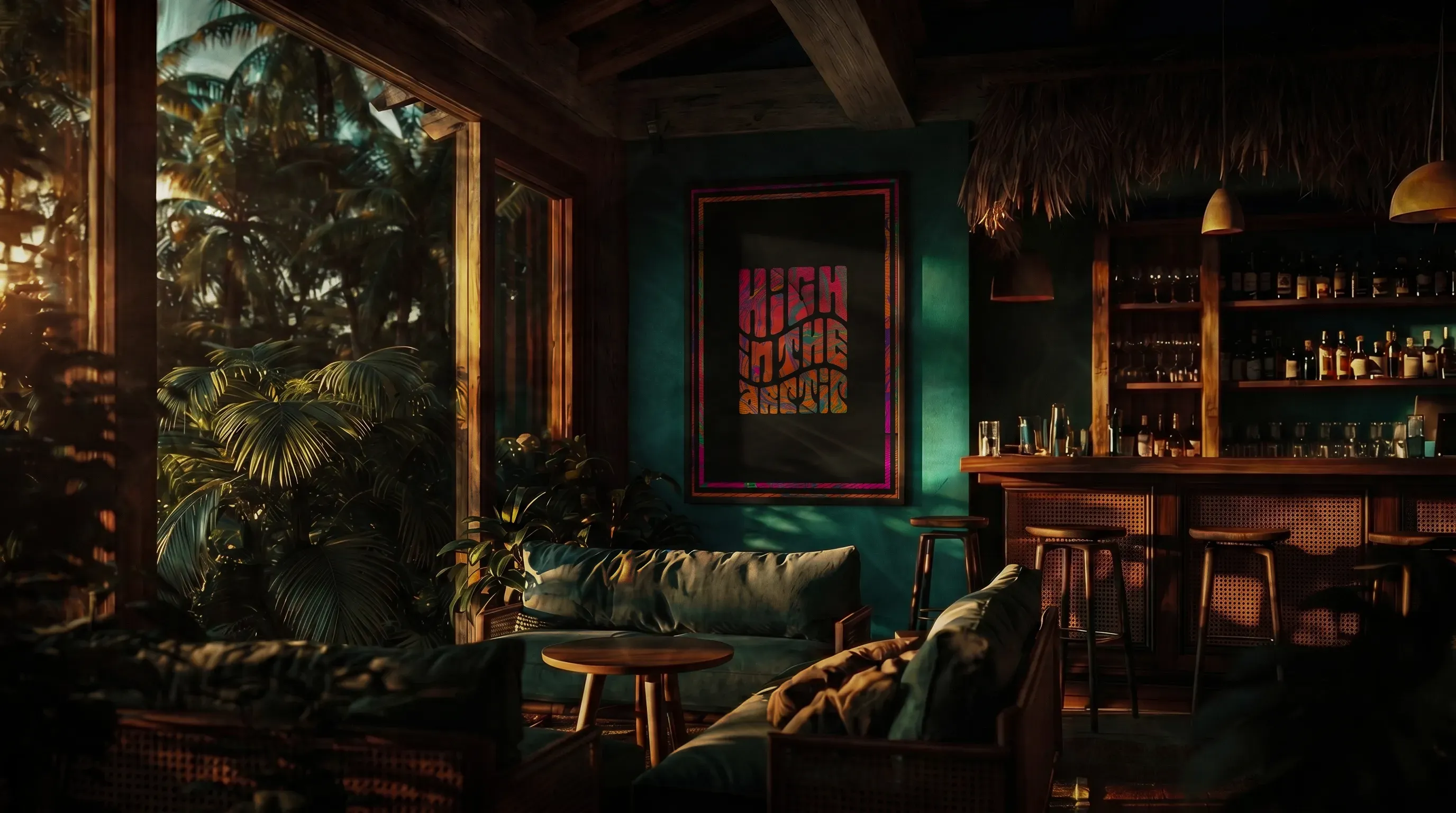 Poster design on the wall inside a beach bar