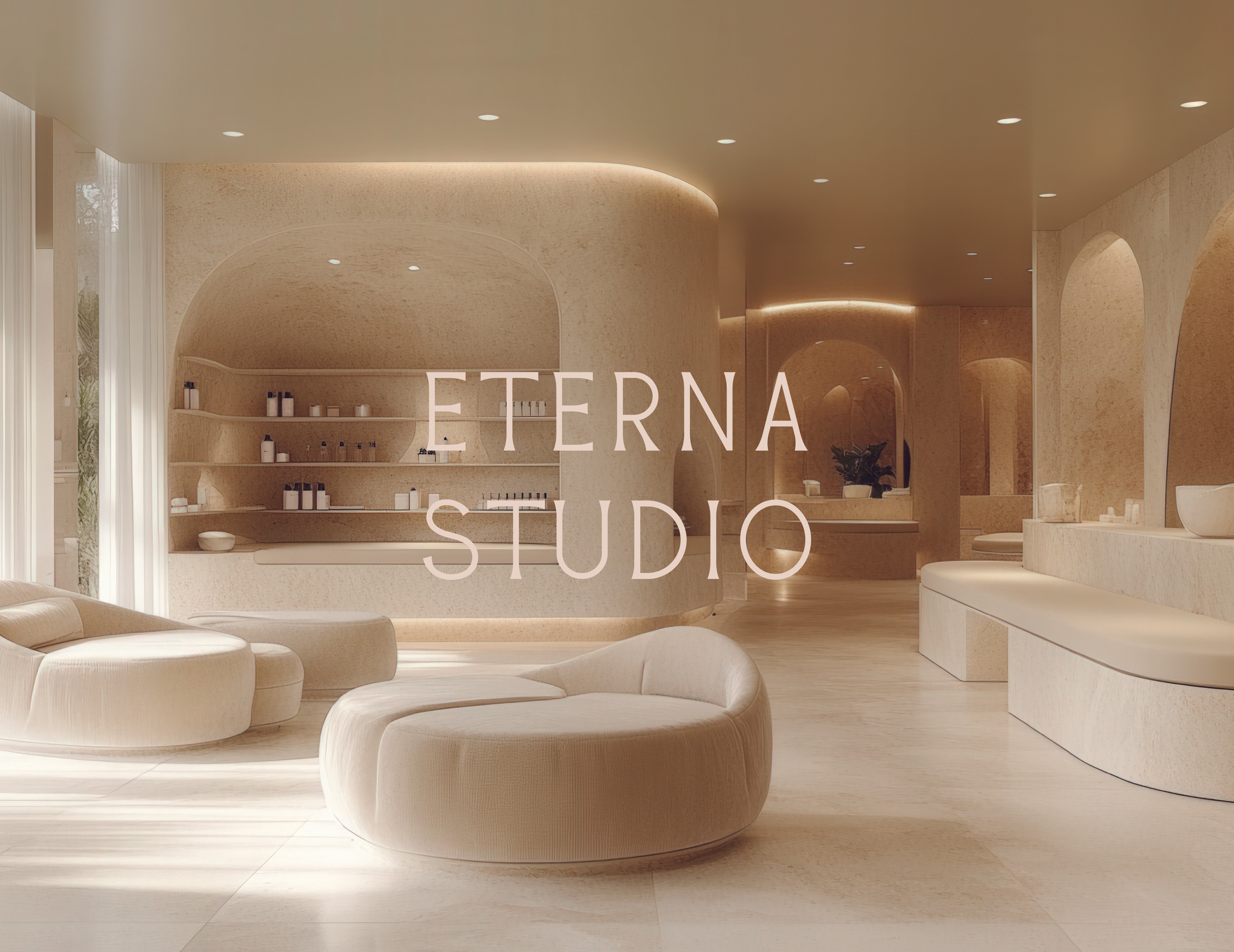 A luxurious interior of a wellness studio, featuring soft, rounded furniture in a neutral palette. The space is illuminated by warm, ambient lighting, highlighting textured beige walls and a sleek shelf displaying various wellness products. Large windows allow natural light to filter in, creating a serene atmosphere. In the foreground, two plush, curved chairs invite relaxation, while a minimalistic bench lines the back wall, enhancing the tranquil vibe. The text ETERNAL STUDIO overlays the image, emphasizing the spa-like environment.