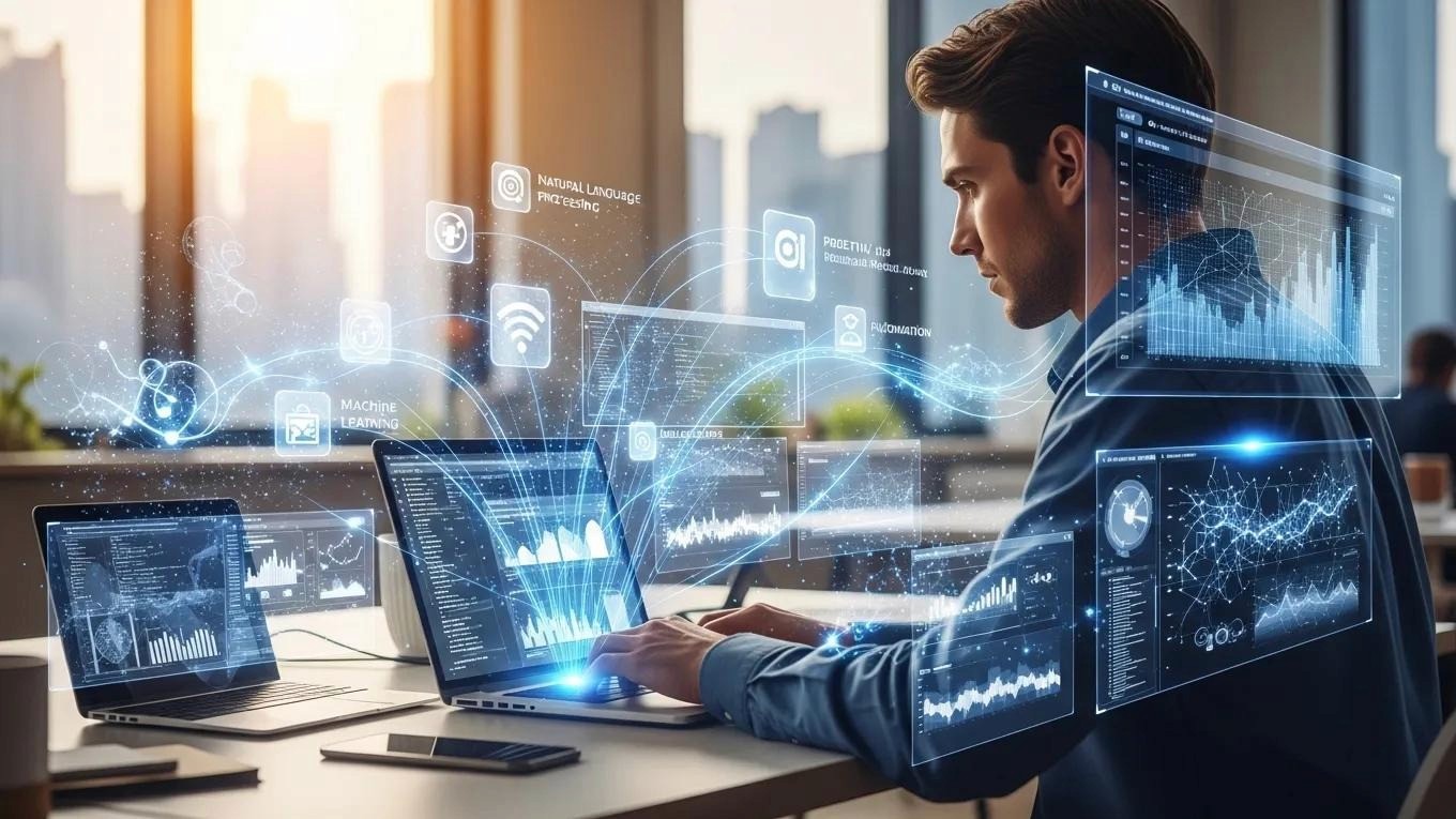 Person multitasking on a laptop, showcasing AI tools enhancing productivity
