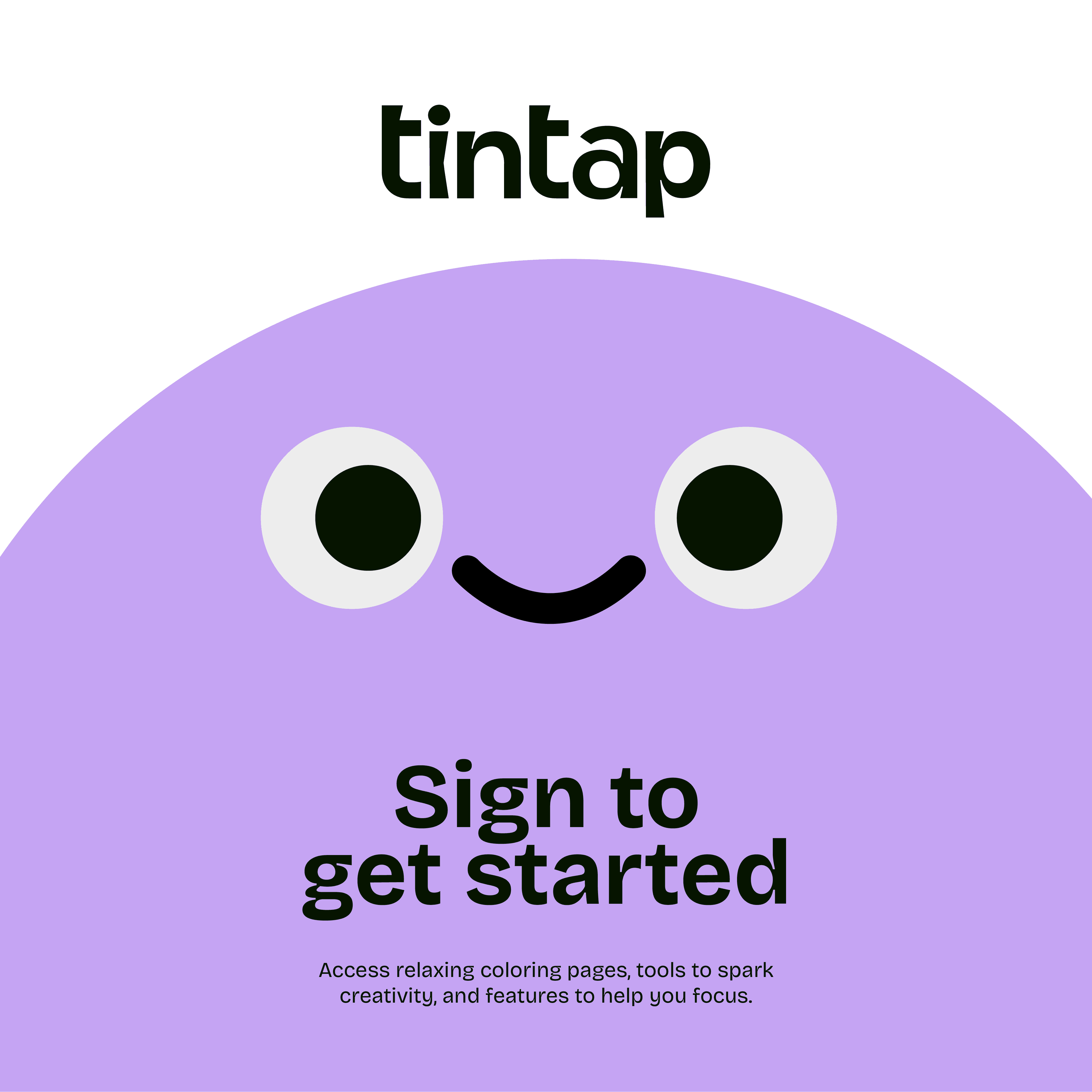 Tintap sign-in screen with smiling purple character
