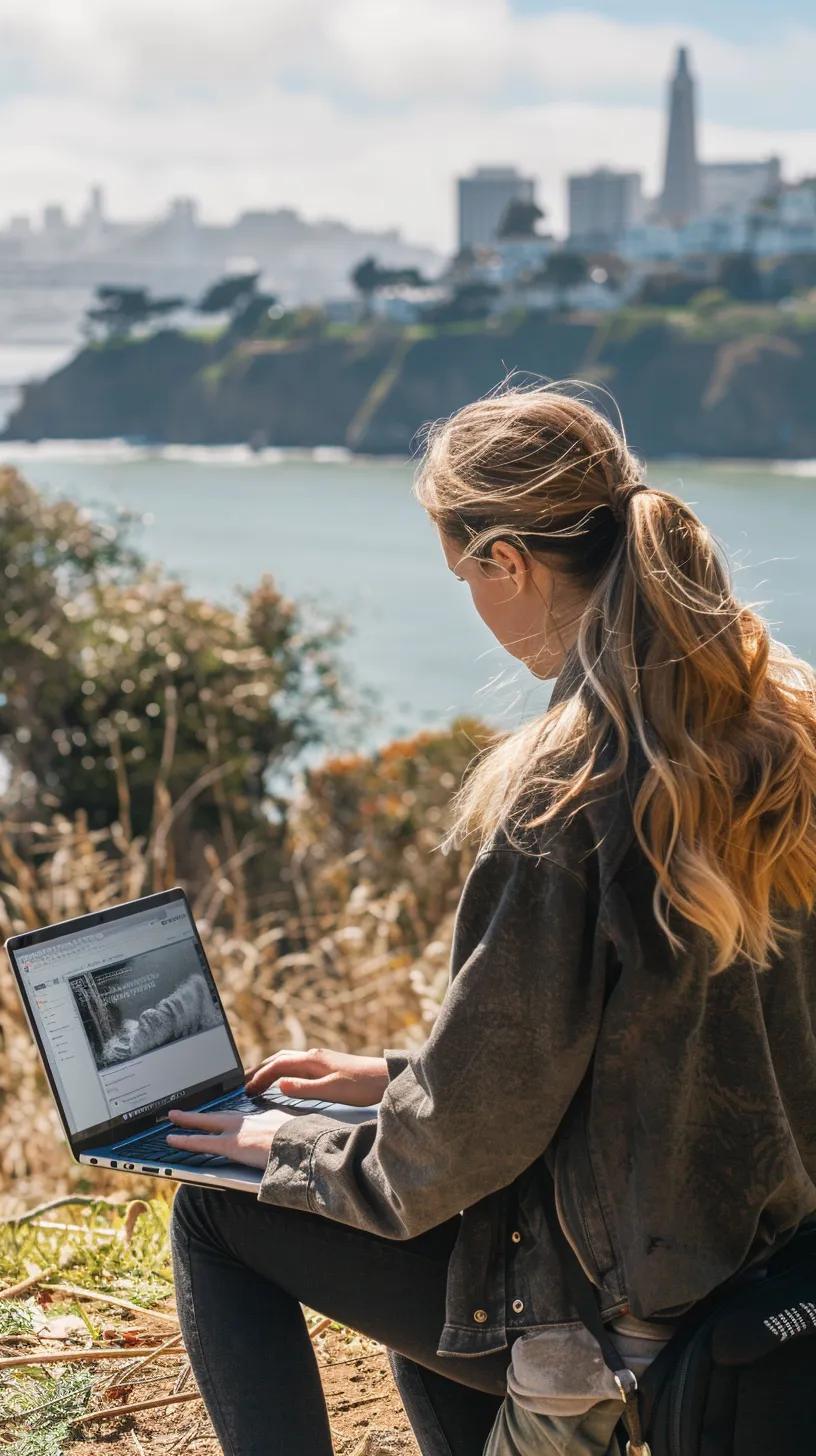 Traveler using a mobile hotspot in a scenic outdoor setting, emphasizing connectivity and mobility