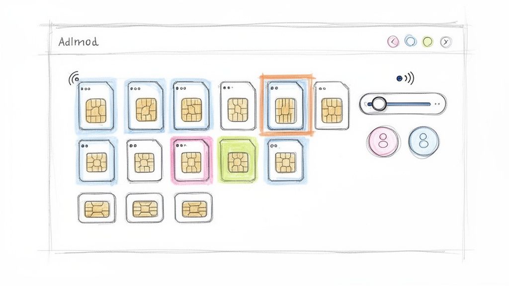 Een schets van een browserscherm met verschillende simkaarten, een schuifregelaar en getallen, die connectiviteit symboliseert.