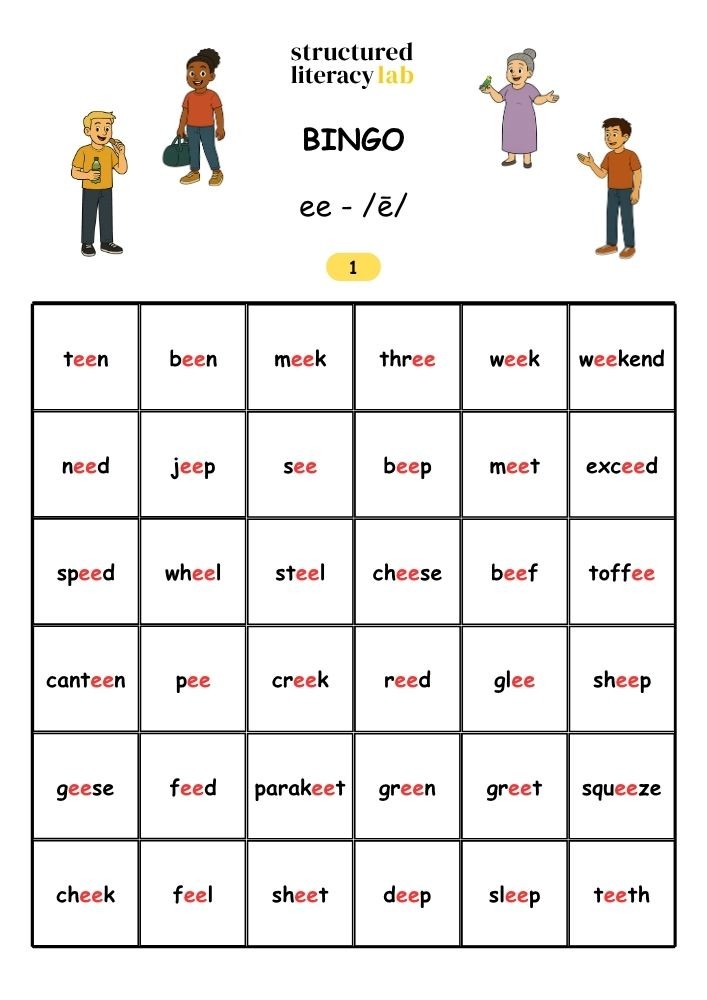 Printable ee spelling bingo game included with Teens At The Reef.
