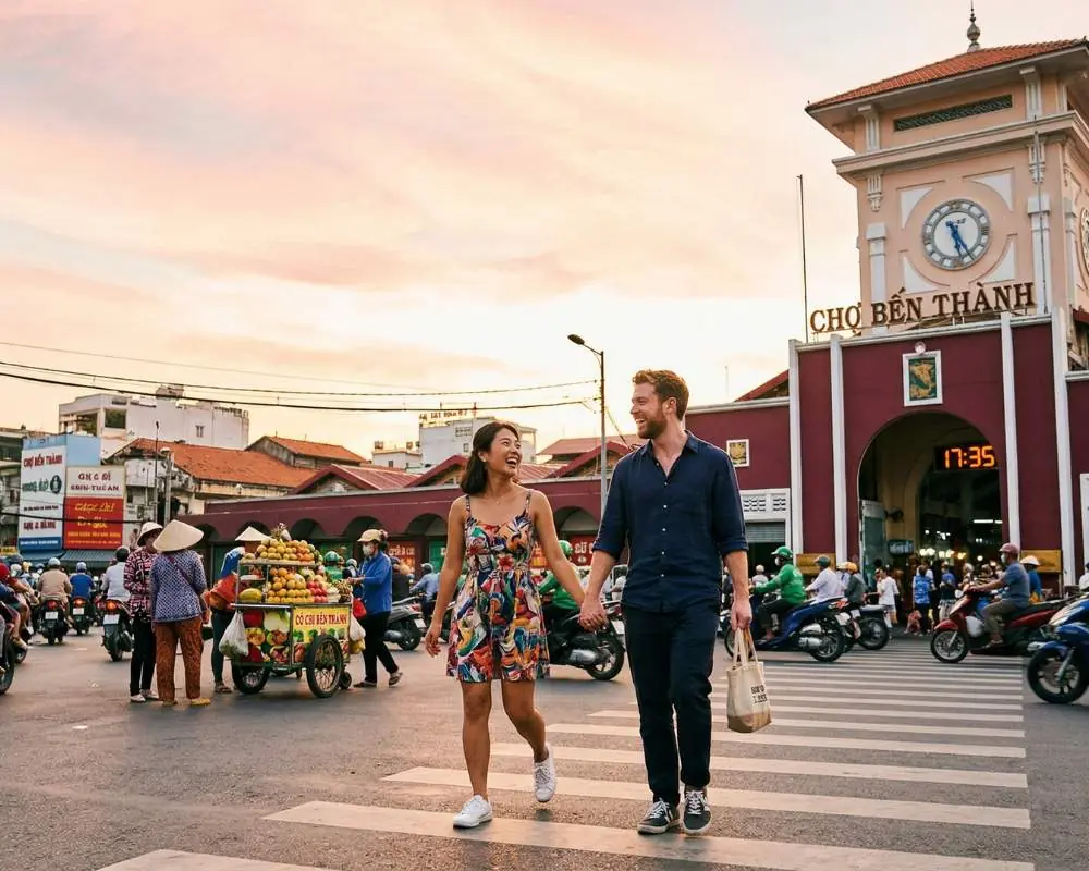 A happy interracial couple—an Asian woman in a colorful dress and a Caucasian man—laughing and holding hands while crossing the street in front of Ben Thanh Market in District 1, Ho Chi Minh City. The clock tower and busy sunset traffic create a vibrant HCMC backdrop for couples counseling services.