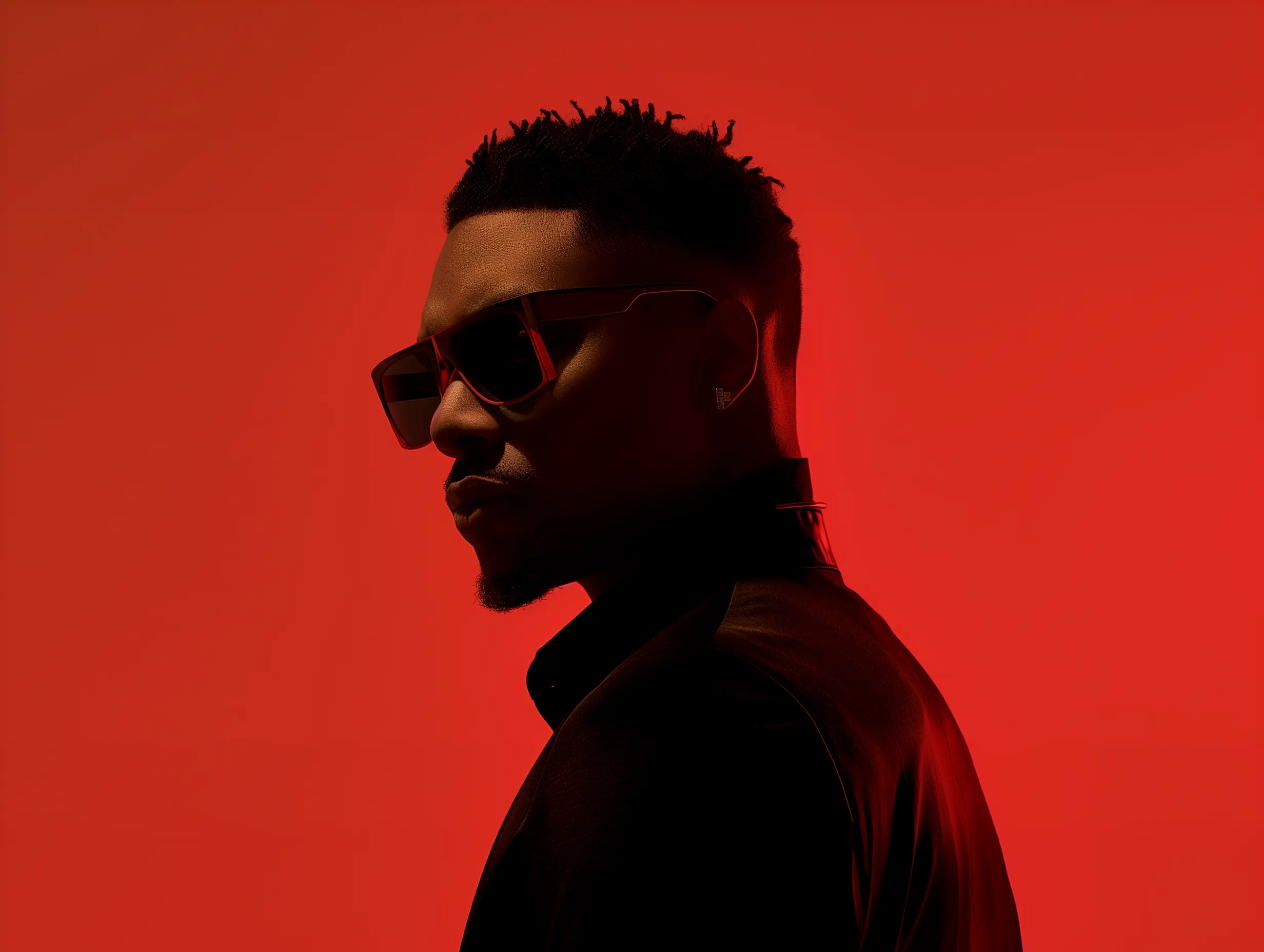 Dramatic red-lit portrait of a man wearing modern sunglasses.