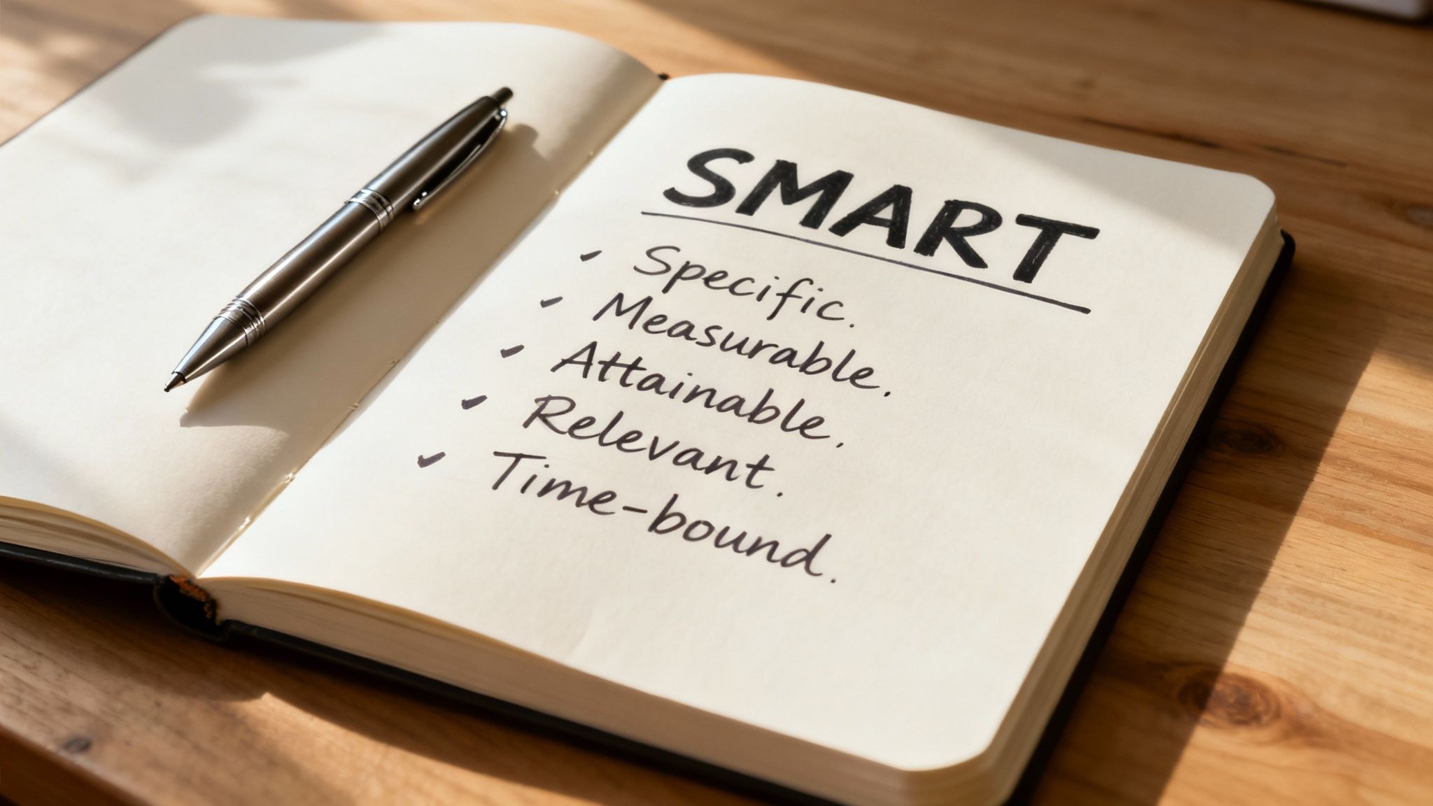 A person writing down SMART goals in a notebook with a focused expression.