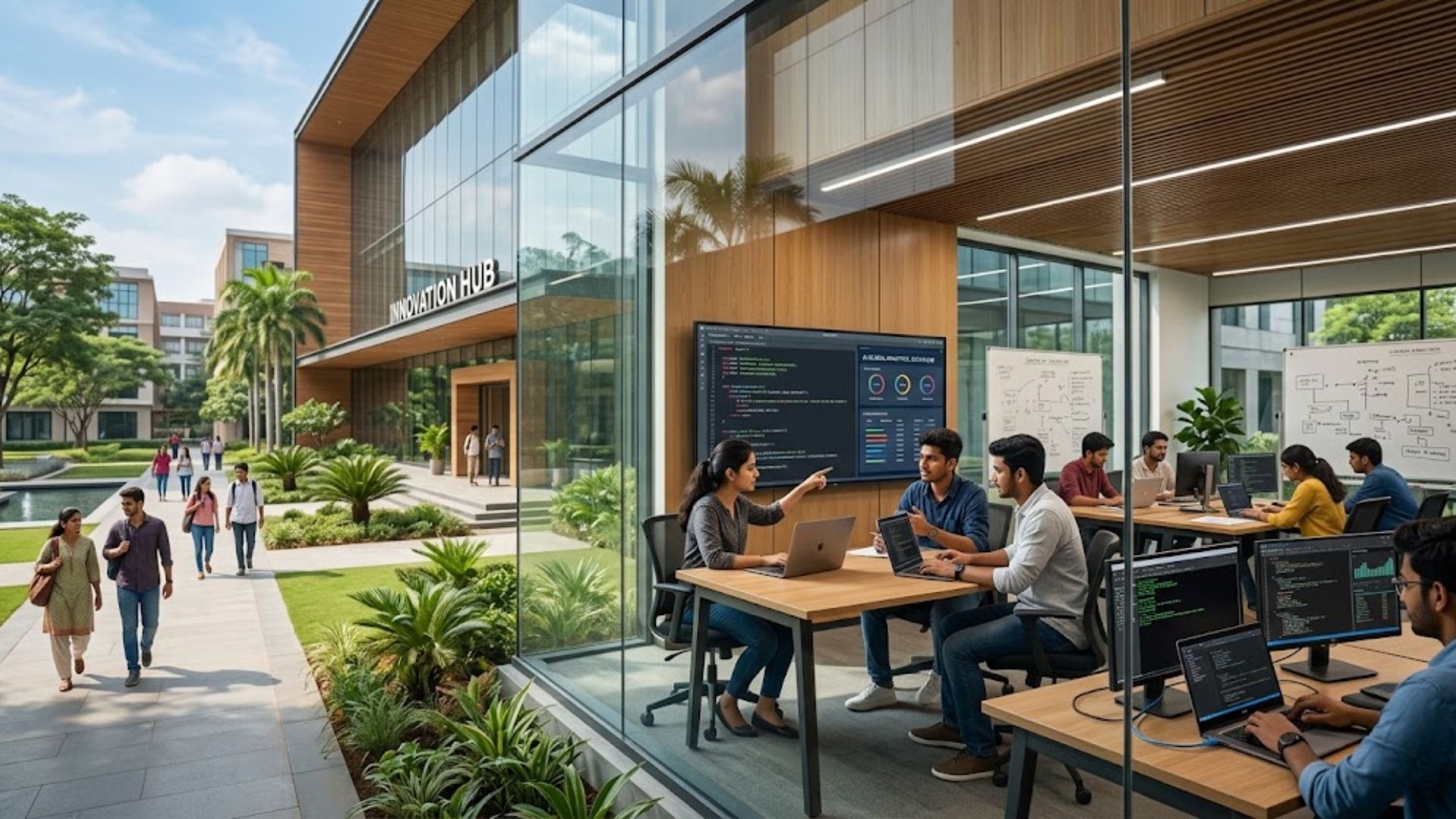 Students learning coding and collaborating in a modern innovation hub at one of the new age universities for computer science in India 