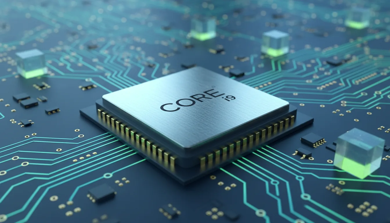 3D render, product shot style, a modern Intel Core CPU with a brushed metal surface, centered in a dark blue motherboard socket. The scene is illuminated by futuristic, vibrant blue and neon green light emanating from abstract circuit traces and floating translucent cubes in the background. Cinematic contrast lighting with soft reflections on the CPU's surface, creating a high-tech, powerful atmosphere. Shallow depth of field with a soft bokeh effect on the background grid.