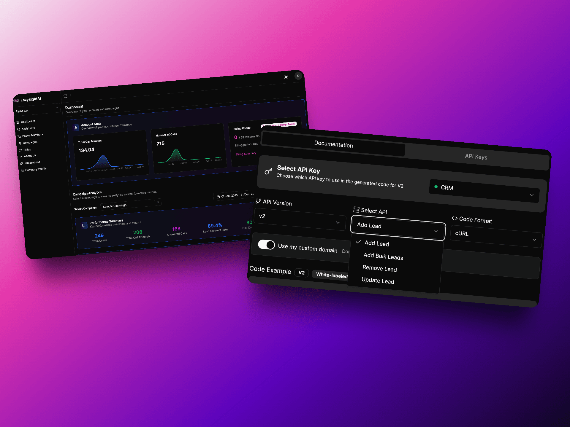 Best Insighto.ai alternative - VoiceAIWrapper is more than just a skin on top of your voice AI provider - comprehensive integration platform dashboard showing analytics, campaign metrics, API key management, documentation, code examples, and CRM integration options for deep integration with voice AI providers like Vapi, ElevenLabs, Retell, Bolna, and Ultravox with features including add lead, bulk lead management, and custom domain support | VoiceAIWrapper