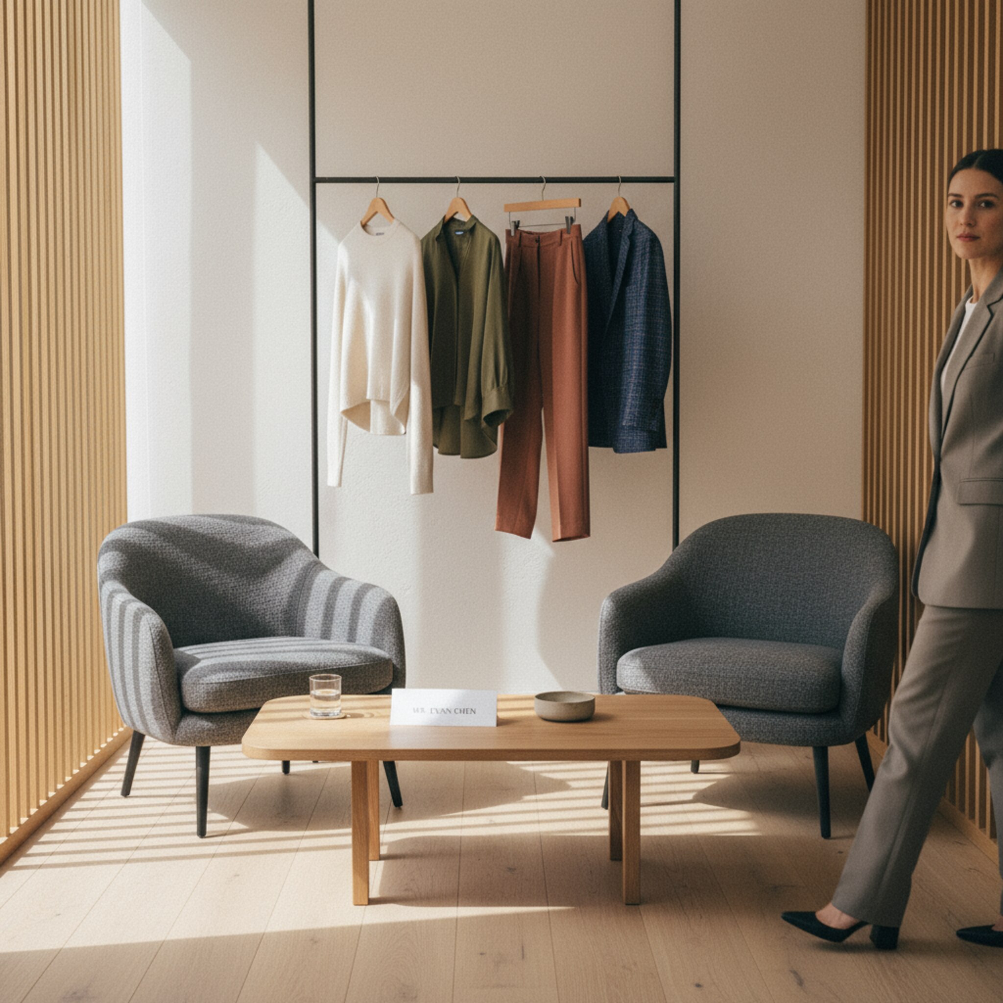 Ein abgetrennter Bereich mit niedrigem Tisch, zwei eleganten Sesseln und einem schlichten Kleiderständer mit wenigen Key-Pieces. Eine diskrete Karte mit dem Namen des Gastes steht auf dem Tisch. Sanftes, gerichtetes Licht schafft Intimität. Die Stimmung ist exklusiv und konzentriert.