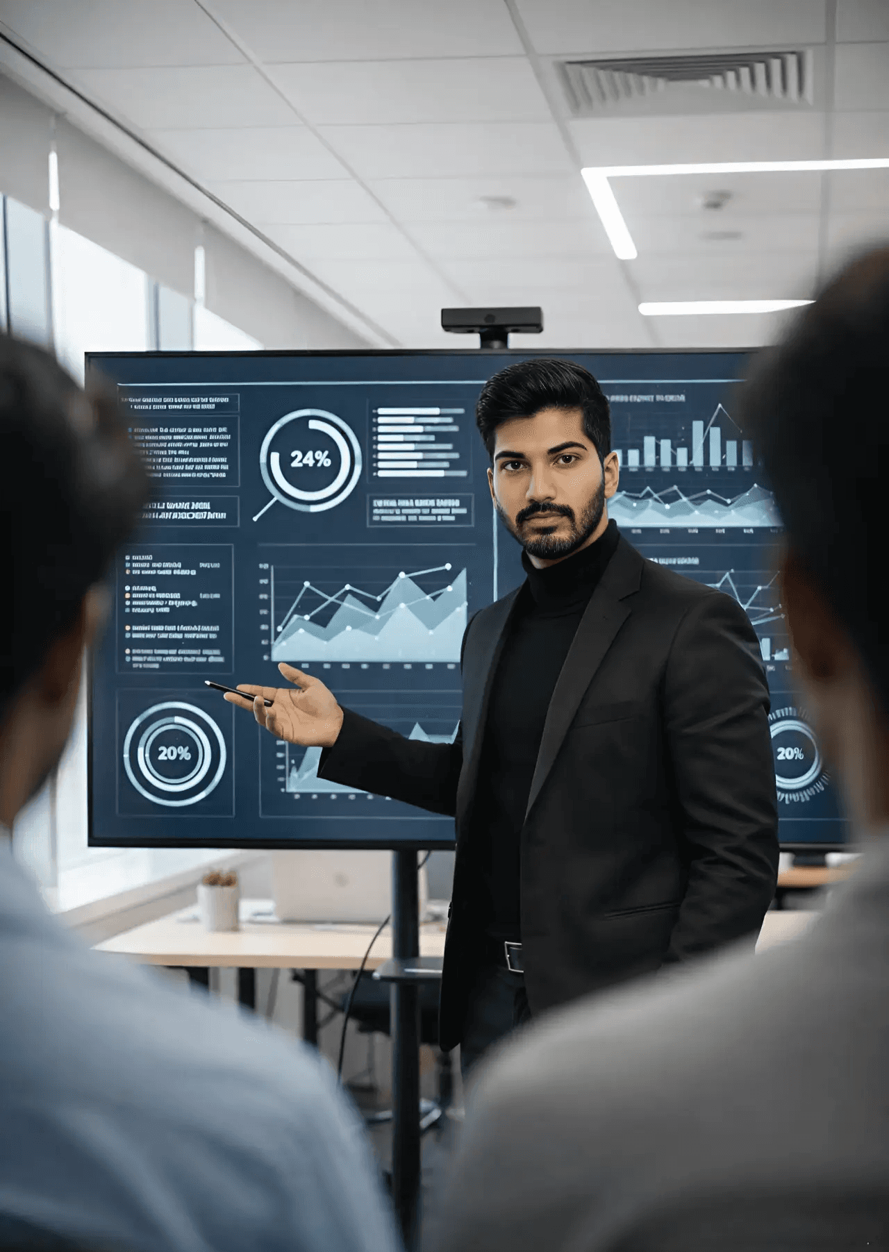 Mahendra R conducting digital marketing training session at NIDM Bengaluru, standing in front of large screen displaying analytics charts while engaging with students in professional corporate training environment