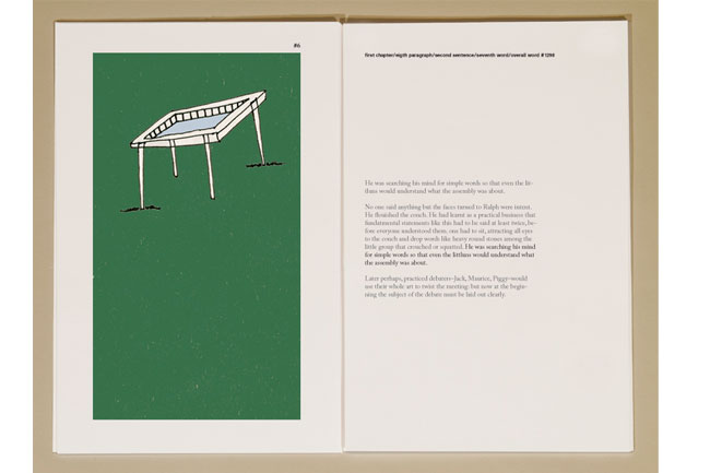 The image shows an open book with a green page on the left and a white page on the right. The left page contains a minimalist line drawing of a white rectangular structure on green ground, supported by three thin legs. The right page contains text arranged in two columns. The text begins with "He was searching his mind for simple words..." and continues with paragraphs of text. The book is framed in a light beige or cream-colored frame.