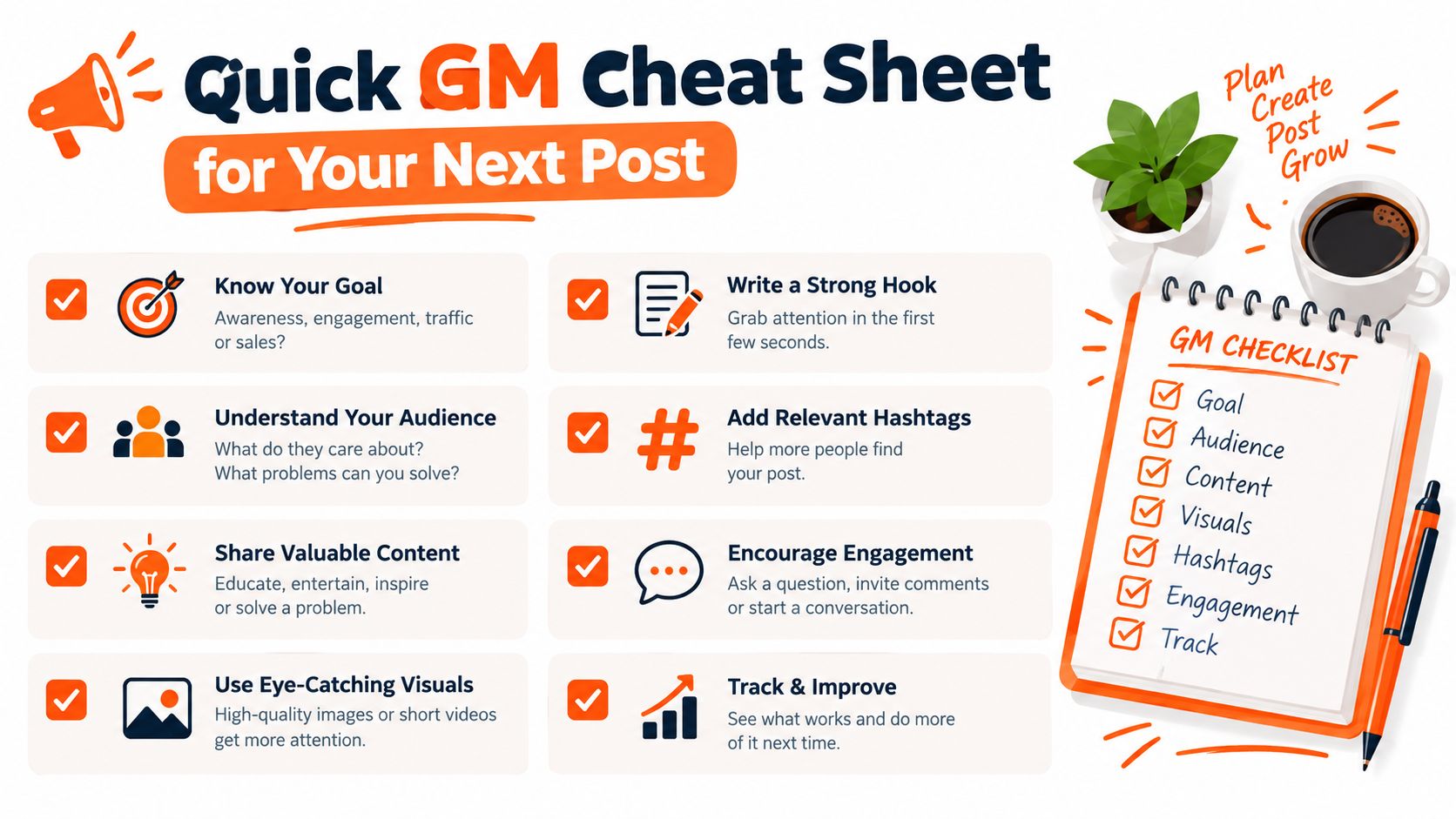 An infographic titled Quick GM Cheat Sheet, offering tips for social media planning and a structured checklist.