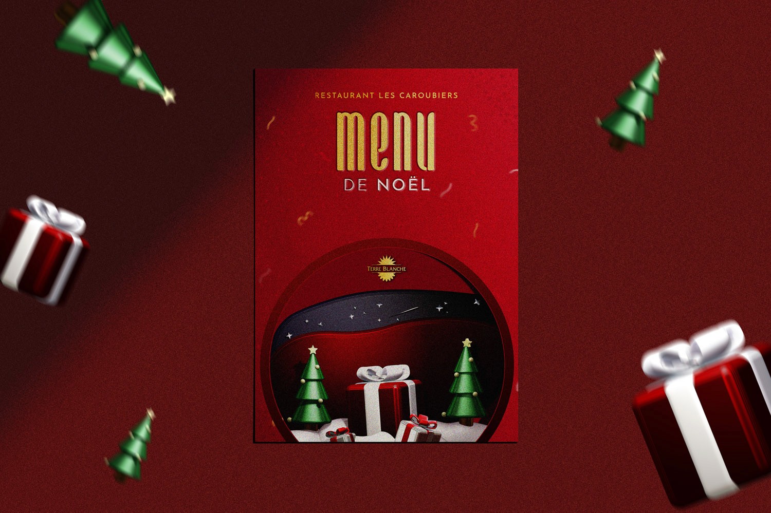 Visuel sur fond rouge présentant le recto du flyer menu de noêl avec sapins et cadeaux en 3D en fond