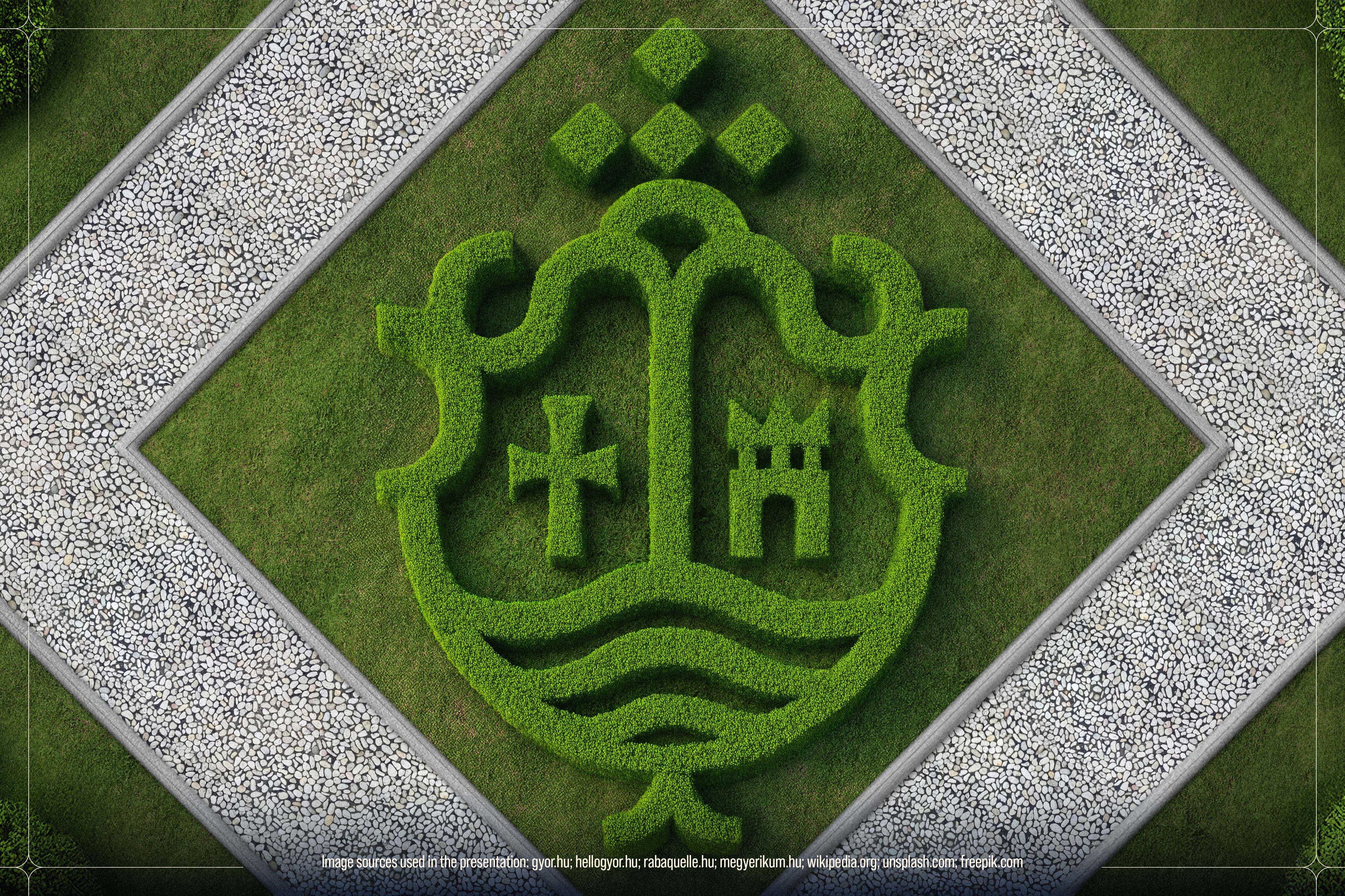Top-down view of a hedge-sculpted logo forming the modern coat of arms in a geometric park - Győr, a city brand identity.