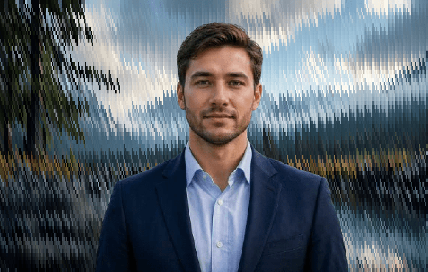 Professional portrait of a growth leader in formal attire against a scenic background.