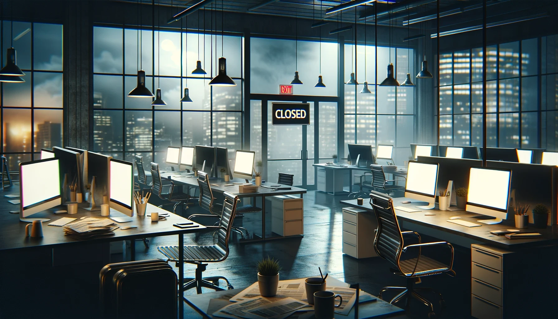 A modern office workspace with empty desks, computers turned off, and chairs pushed in. The lights are off, and there is a 'Closed' sign hanging on the glass door. The scene is dimly lit with a sense of abandonment, and the background includes large windows showing a cityscape with a cloudy sky. Papers are scattered on some desks, and a coffee cup is left unattended, emphasizing the sudden nature of the shutdown.